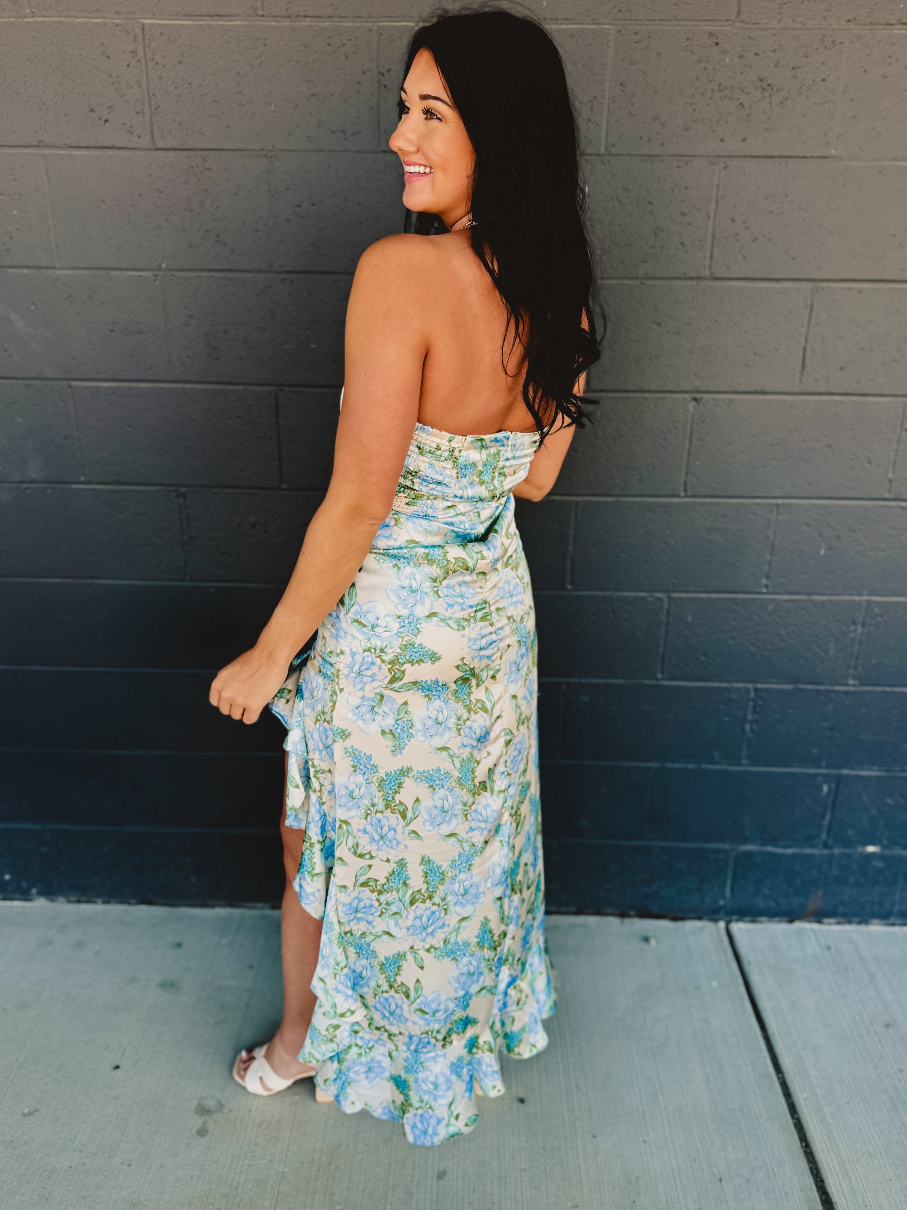 Strapless Asymmetric Ruffle Hem Maxi Dress - Delicate Blues - Lace and Grace Boutique