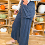 Mineral Wash Cotton & Linen Culotte Pants - Charcoal - Lace and Grace Boutique