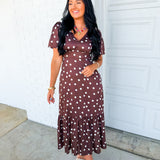 Polka Dot Flutter Sleeve Maxi Dress - Mocha