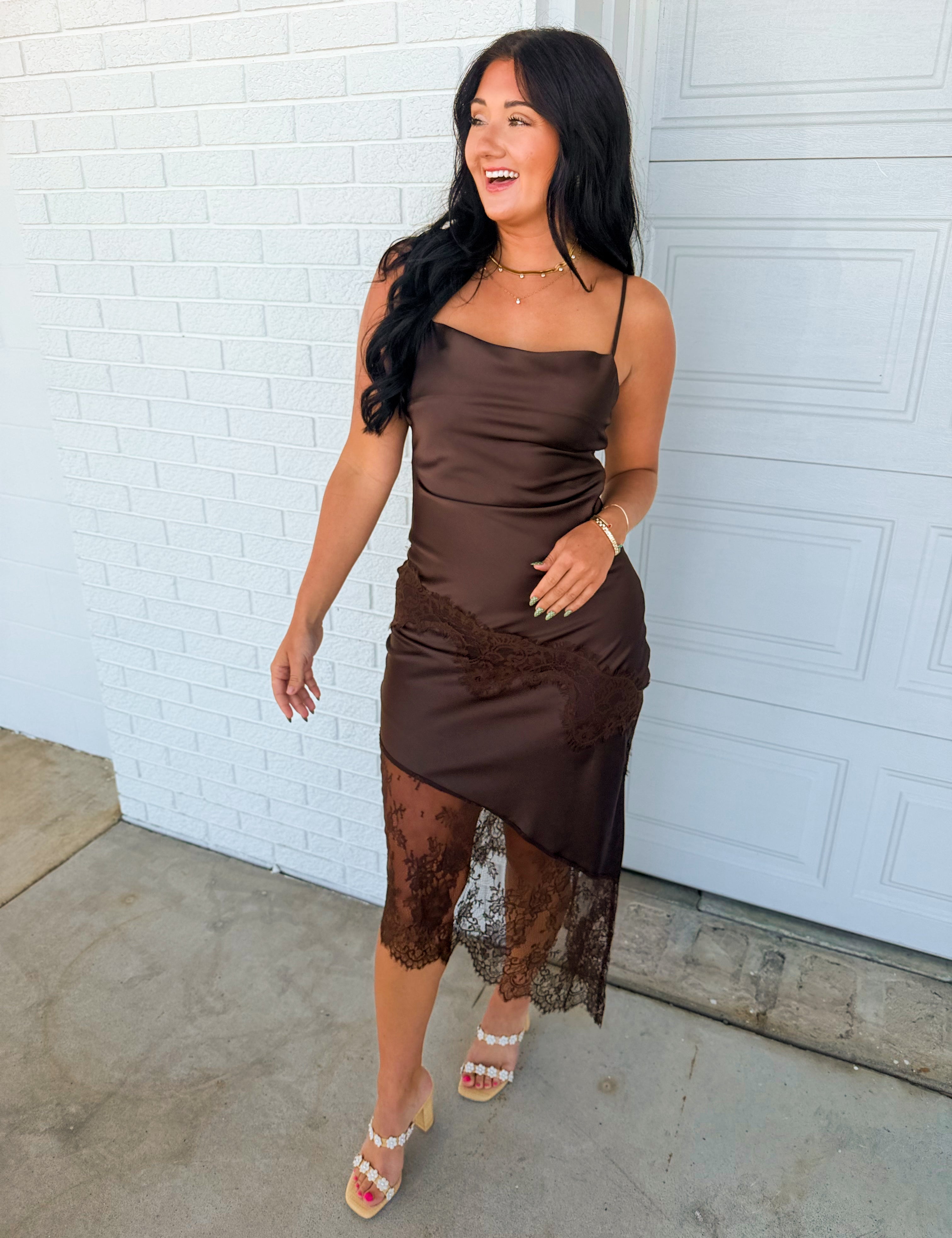 Asymmetrical Lace Trim Slip Midi Dress - Umber Brown - Lace and Grace Boutique