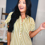 Striped Balloon Sleeve Blouse - Olive - Lace and Grace Boutique