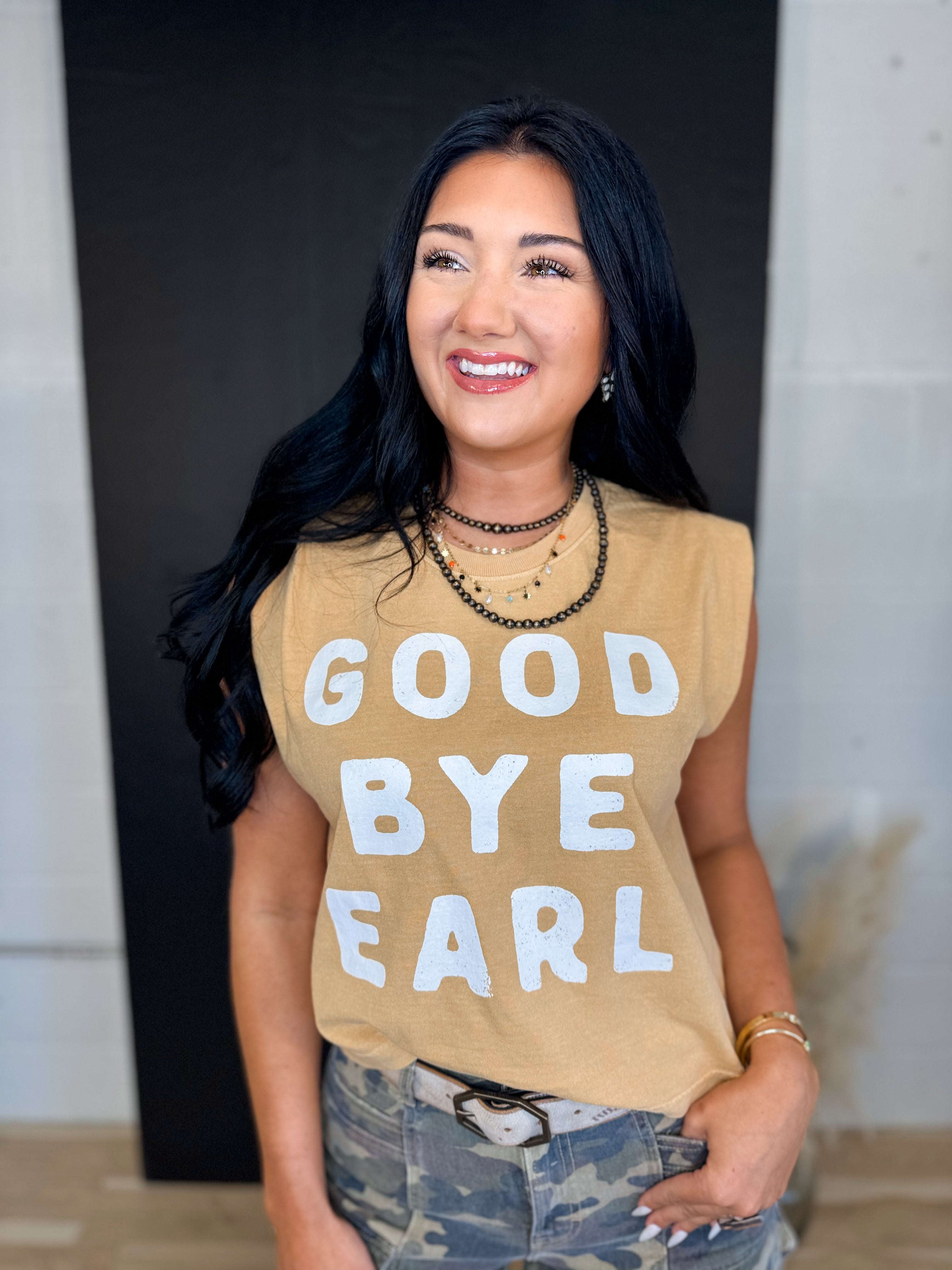Good Bye Earl Graphic Muscle Tank - Faded Mustard - Lace and Grace Boutique