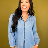 Whipstitch Detail Soft Denim Blouse - Medium Wash