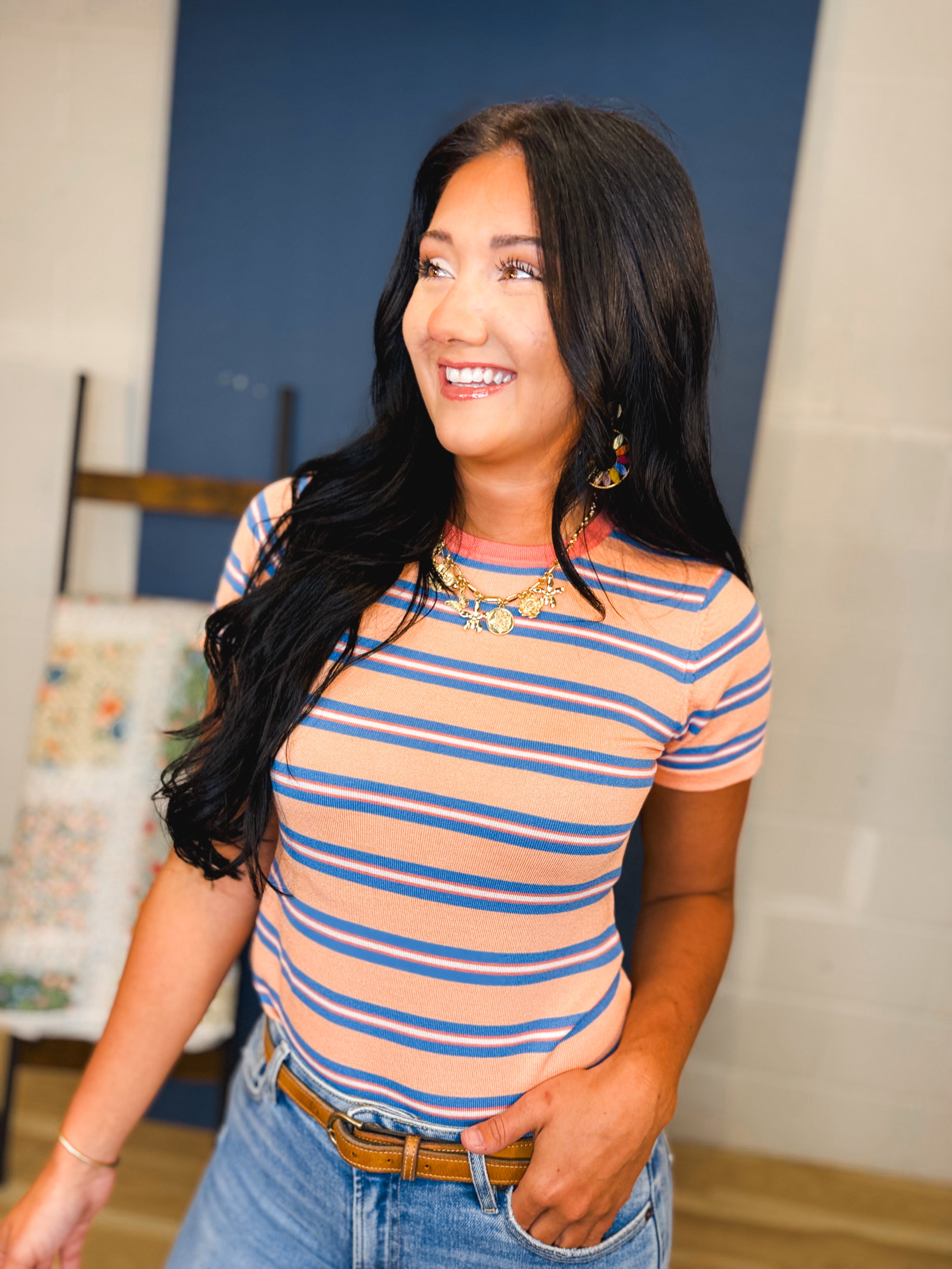 Multi Striped Knit Tee - Melon Combo - Lace and Grace Boutique