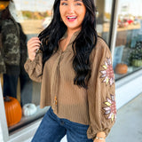 Embroidered Quilt Star Patch Crinkled Blouse - Olive