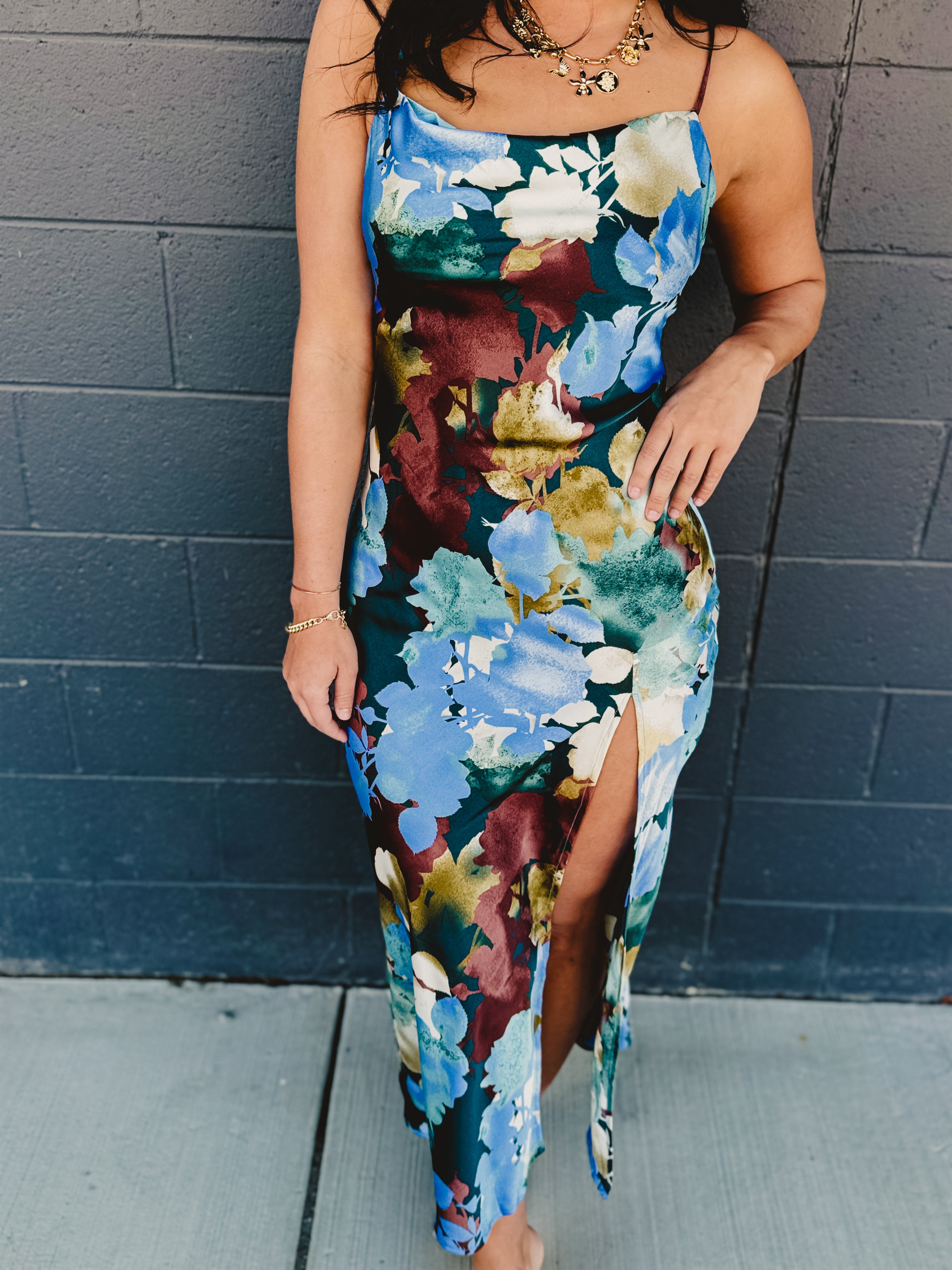 Floral Satin Slip Maxi Dress - Blue Multi - Lace and Grace Boutique