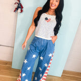 Vintage Wash American Flag Wide Leg Chambray Pants - Lace and Grace Boutique