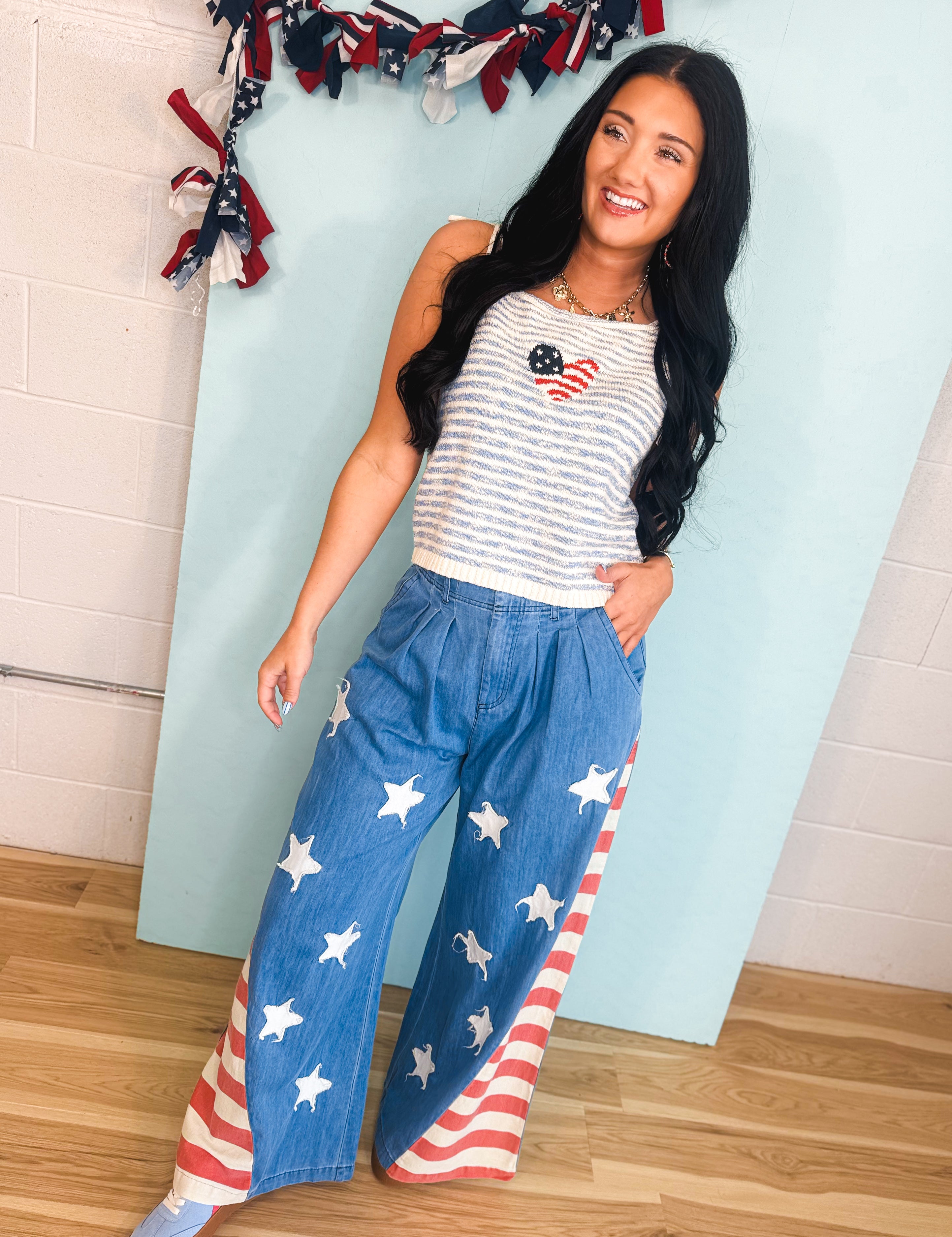 Vintage Wash American Flag Wide Leg Chambray Pants - Lace and Grace Boutique