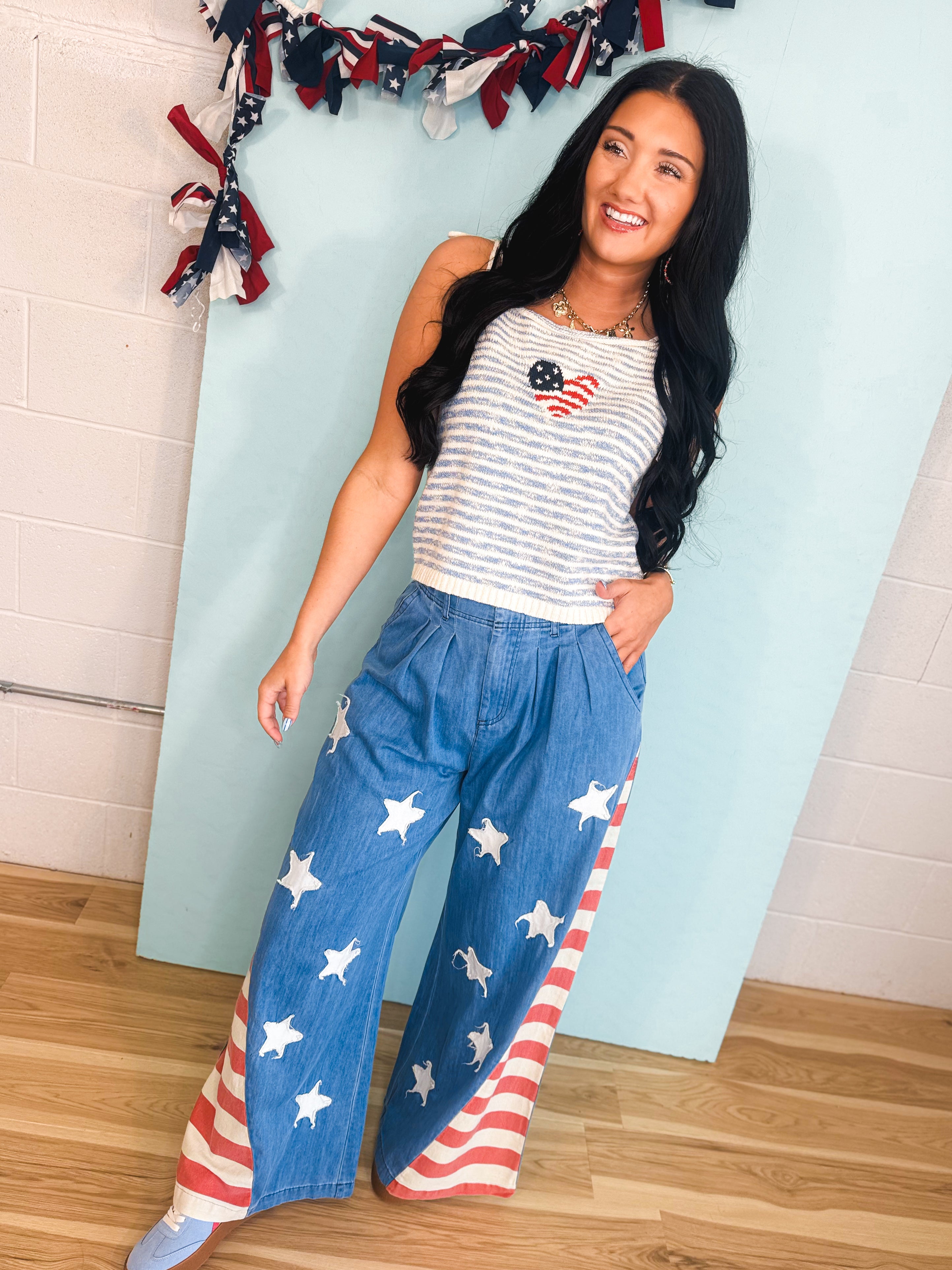 Vintage Wash American Flag Wide Leg Chambray Pants - Lace and Grace Boutique