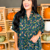 Oversized Floral Print Button Up Blouse - Deep Olive - Lace and Grace Boutique