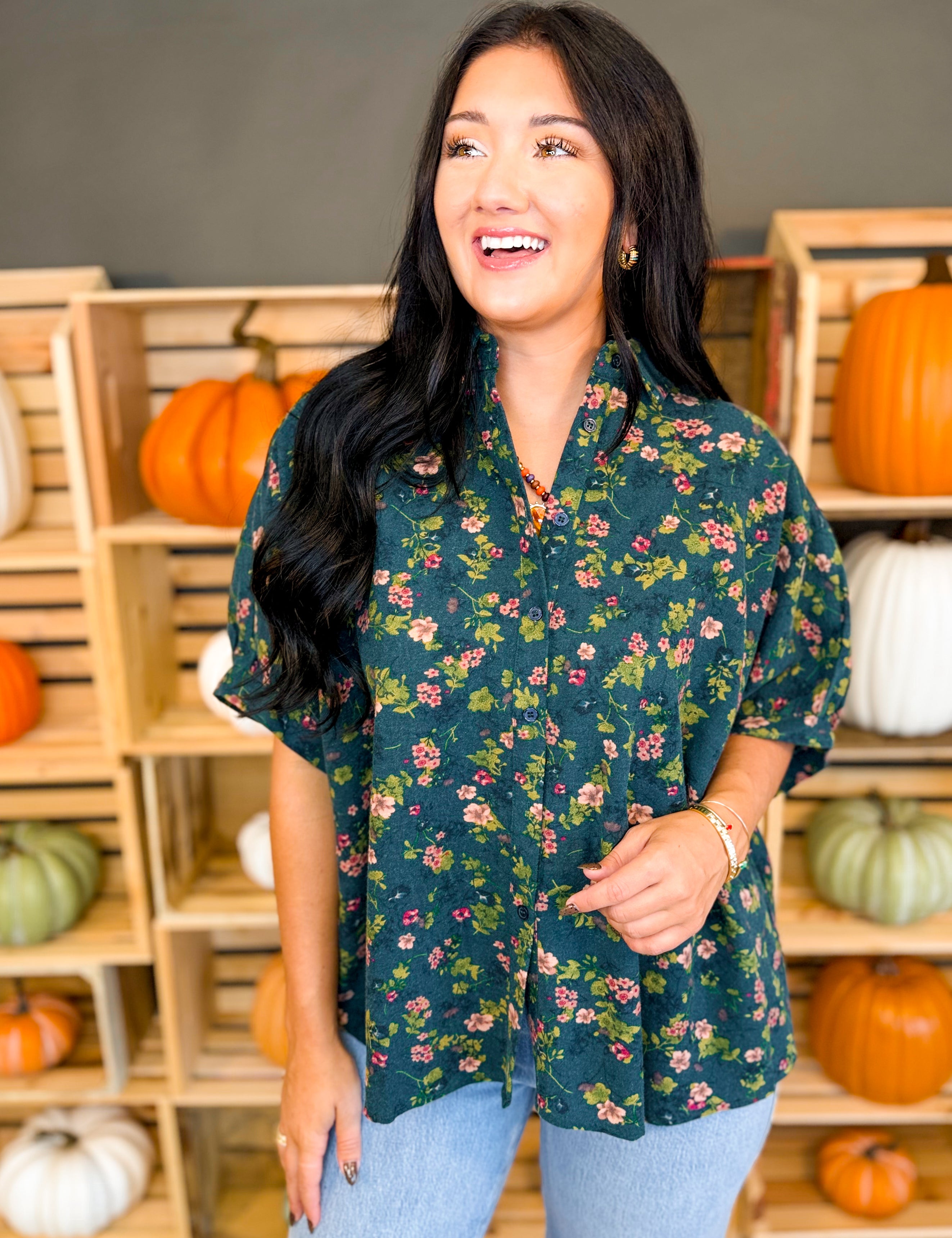 Oversized Floral Print Button Up Blouse - Deep Olive - Lace and Grace Boutique