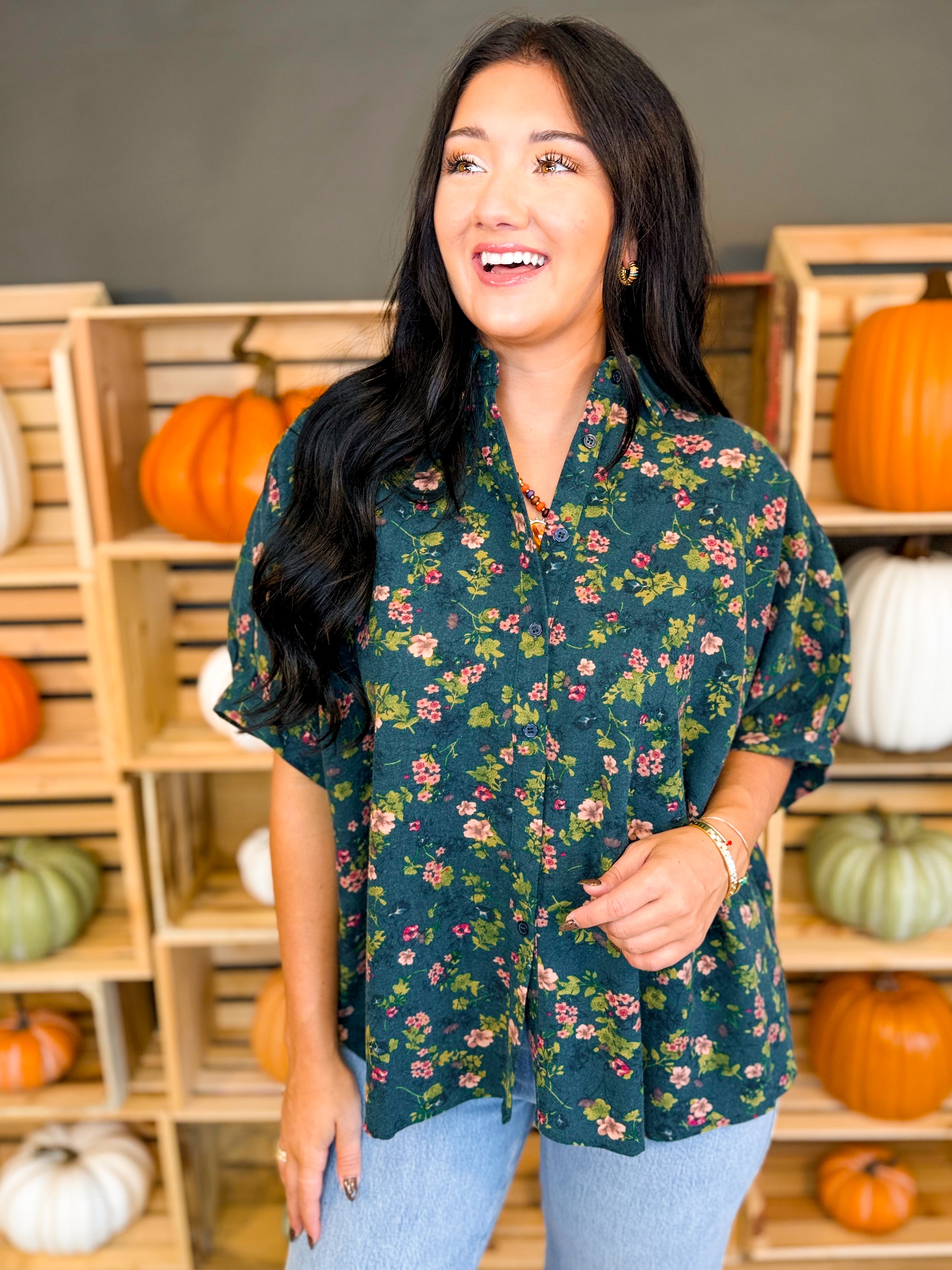 Oversized Floral Print Button Up Blouse - Deep Olive - Lace and Grace Boutique