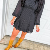Polka Dot Flared Long Sleeve Mini Dress - Black