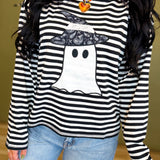 Halloween Ghost Patch Striped Long Sleeve Top - Black/White