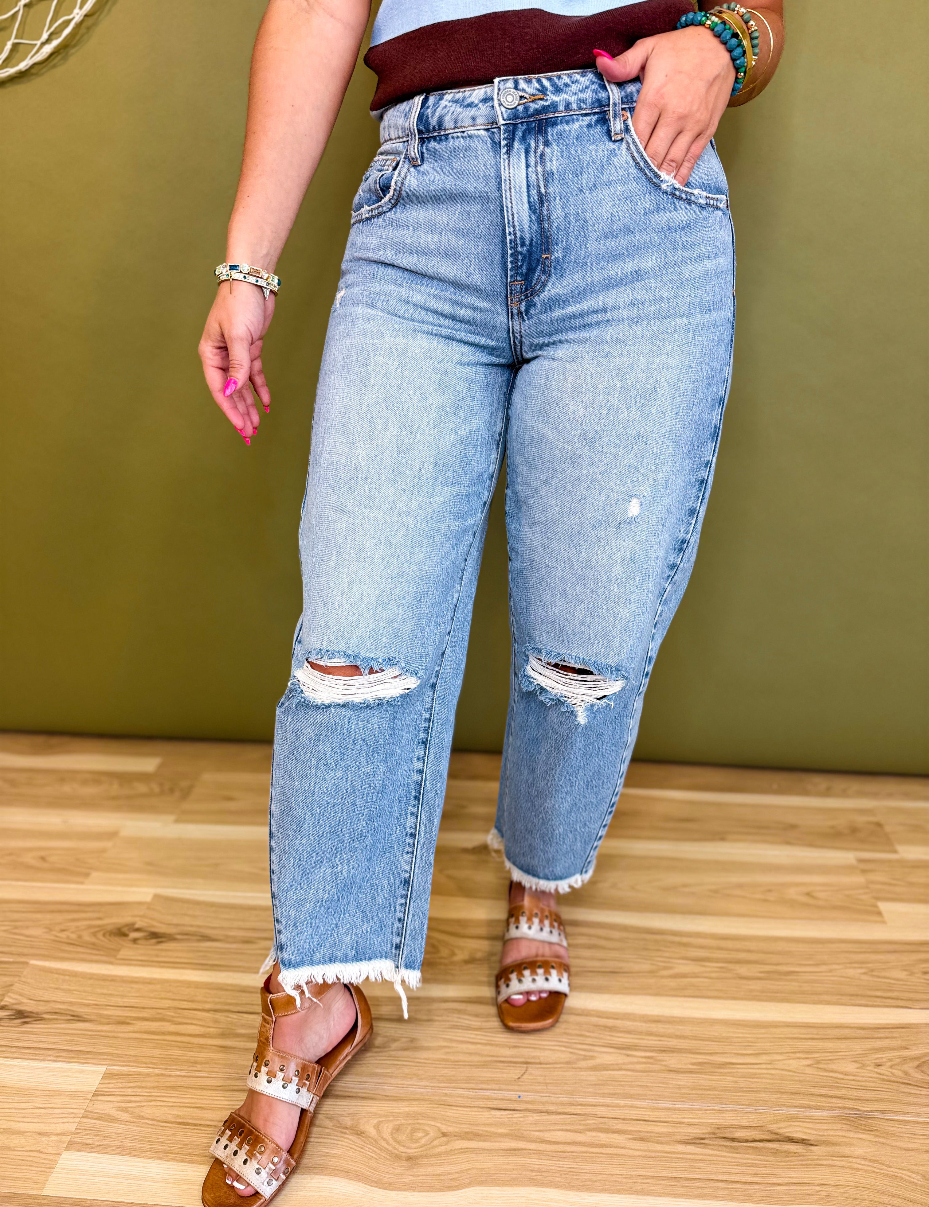 Hidden Distressed Cropped Barrel Jean - Light Wash - Lace and Grace Boutique