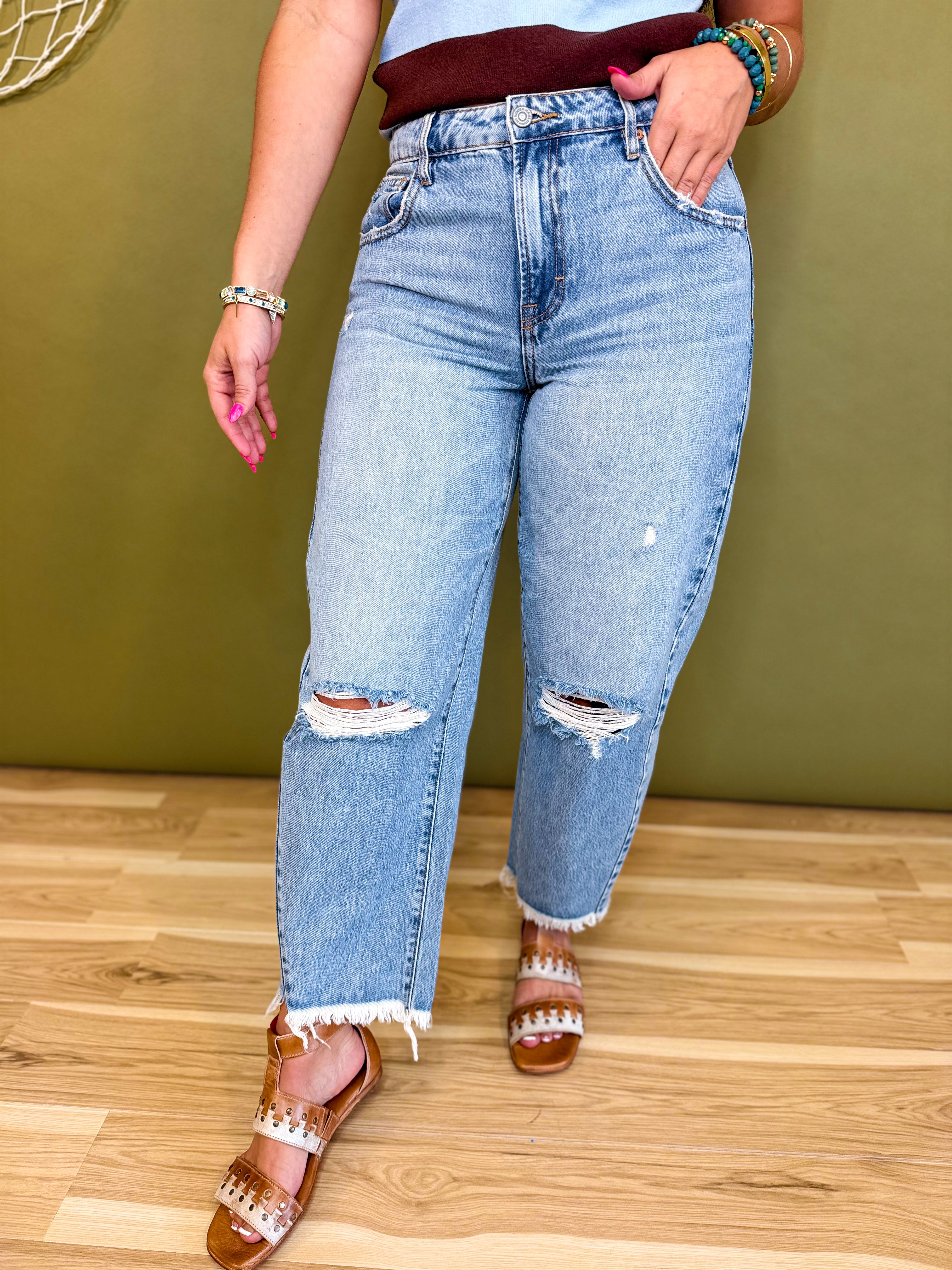Hidden Distressed Cropped Barrel Jean - Light Wash - Lace and Grace Boutique