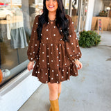 Pom-Pom Dot Corduroy Tiered Mini Dress - Chocolate