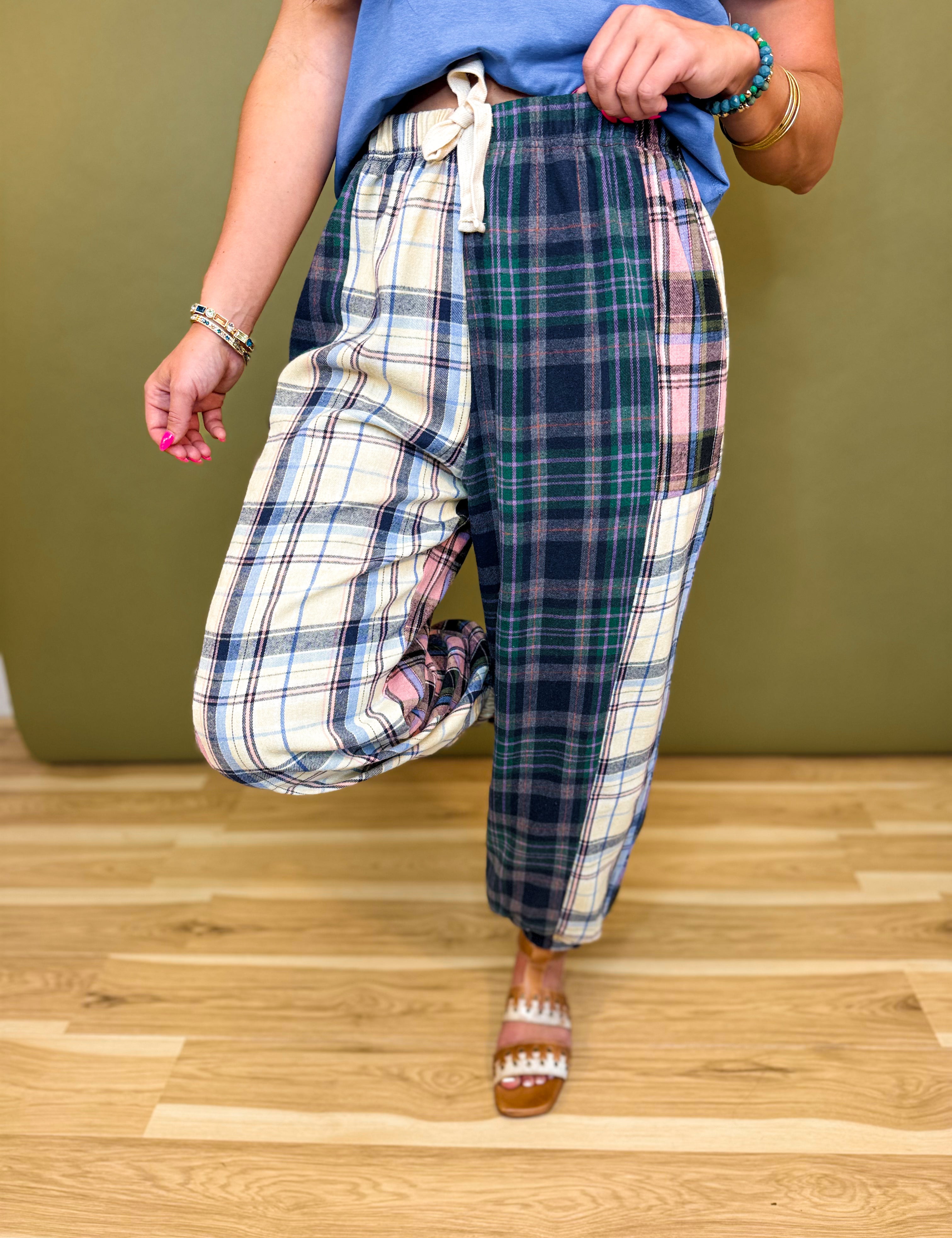 Mixed Plaid Drawstring Pants - Green Multi - Lace and Grace Boutique