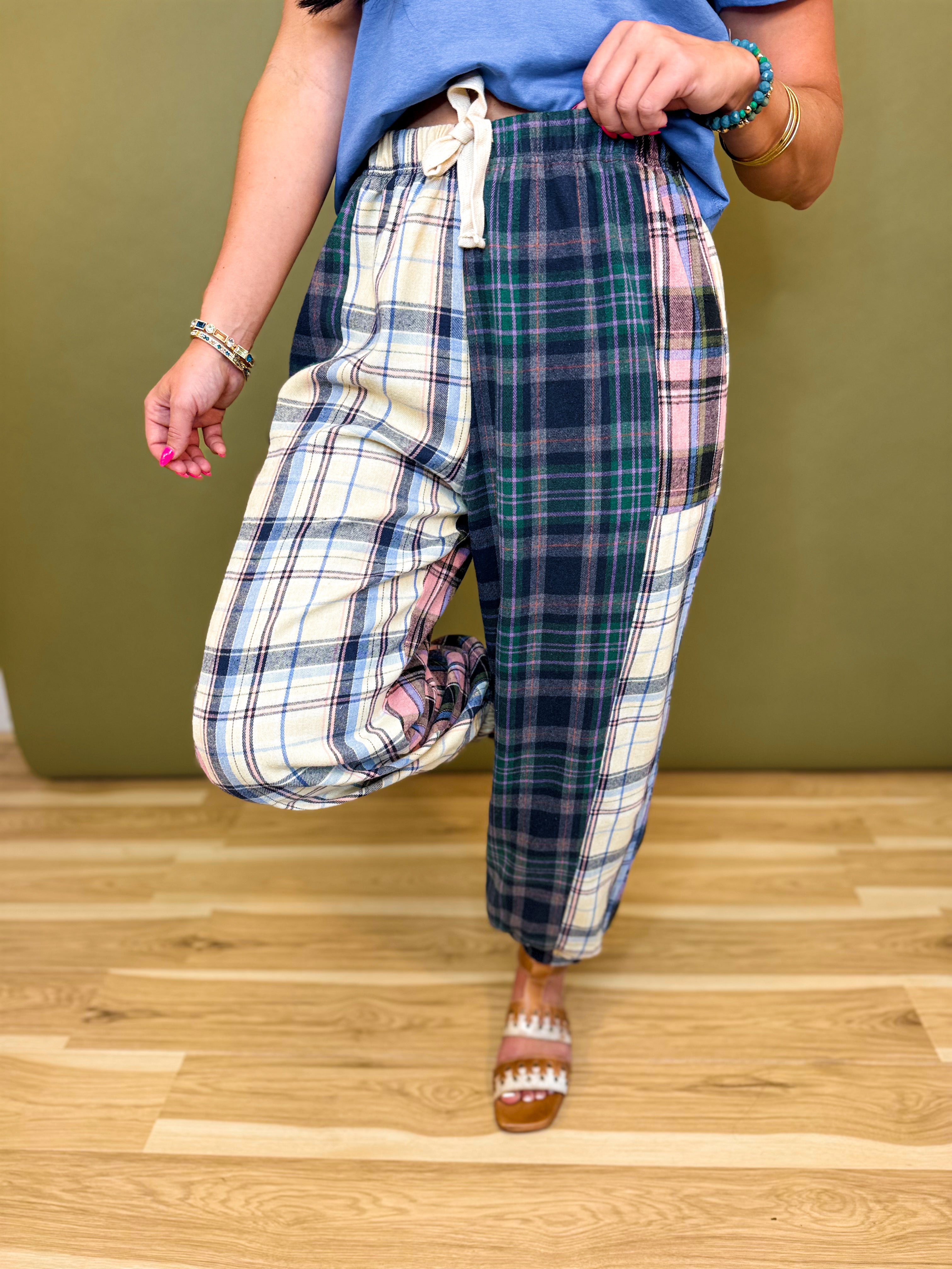 Mixed Plaid Drawstring Pants - Green Multi - Lace and Grace Boutique