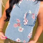 Vintage Floral Printed Scalloped Trim Denim Tank Top - Lace and Grace Boutique