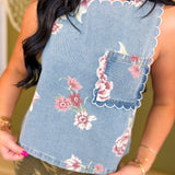Vintage Floral Printed Scalloped Trim Denim Tank Top - Lace and Grace Boutique