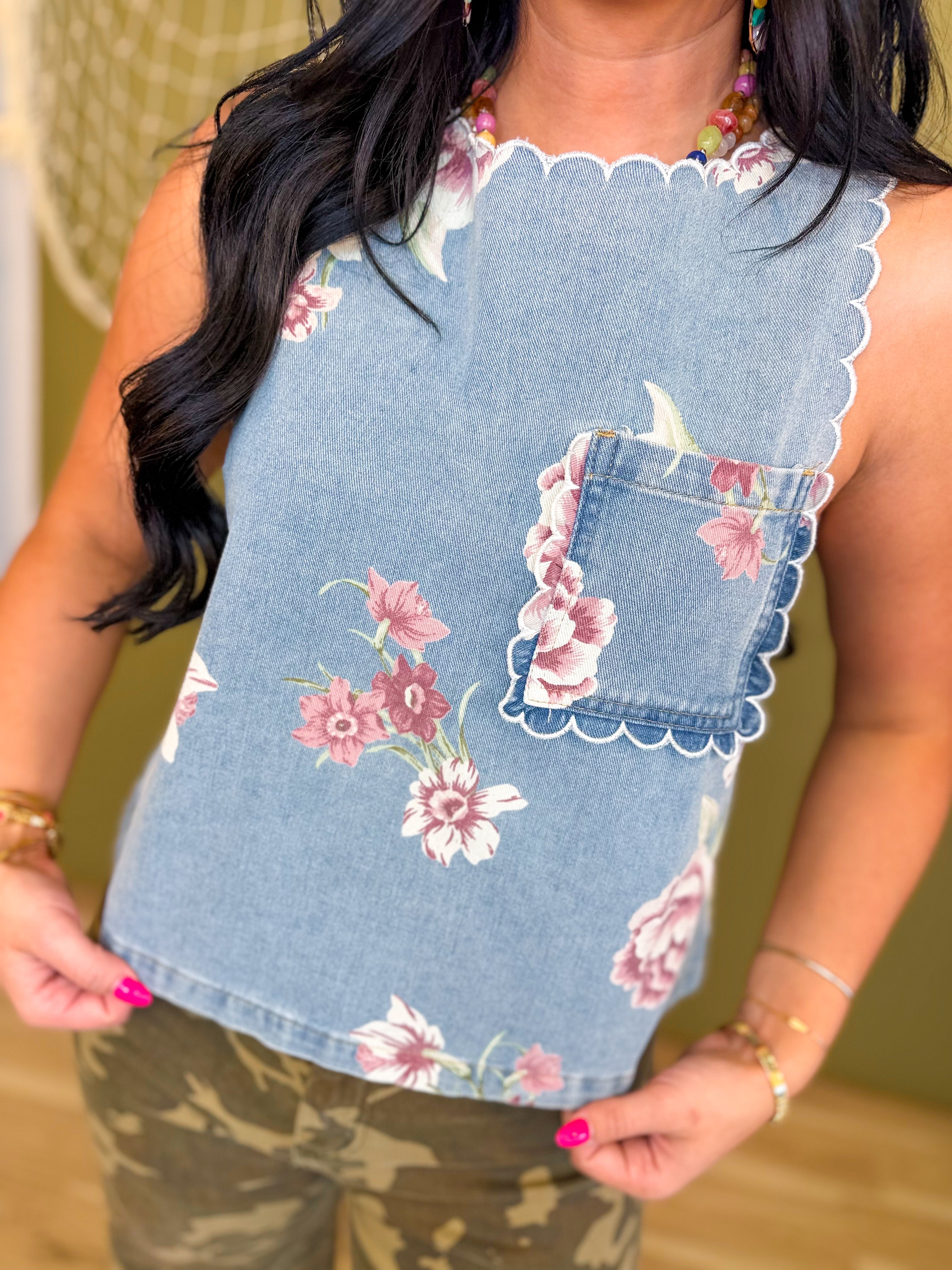 Vintage Floral Printed Scalloped Trim Denim Tank Top - Lace and Grace Boutique