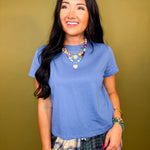 Basic Relaxed Crop Knit T-Shirt - Dusty Blue - Lace and Grace Boutique