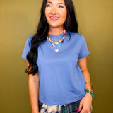 Basic Relaxed Crop Knit T-Shirt - Dusty Blue - Lace and Grace Boutique