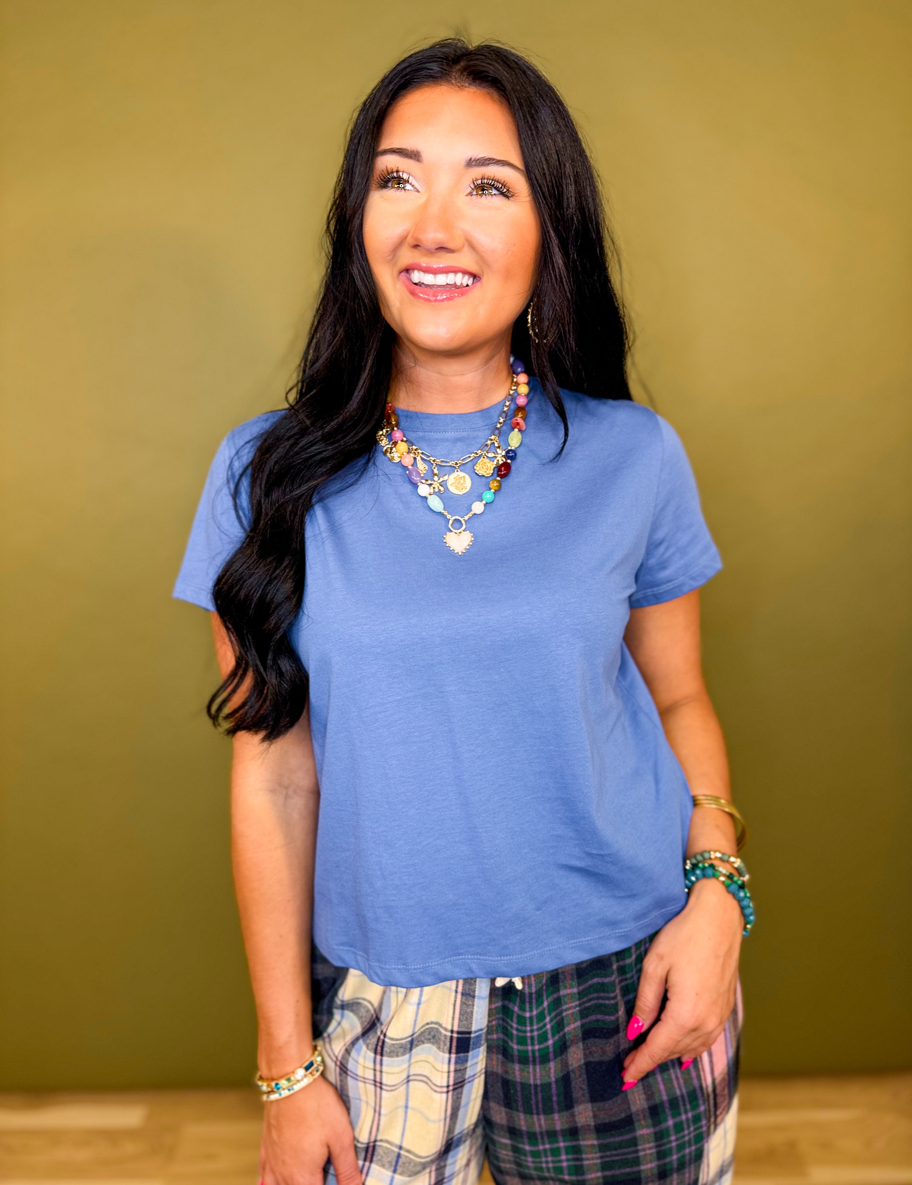 Basic Relaxed Crop Knit T-Shirt - Dusty Blue - Lace and Grace Boutique