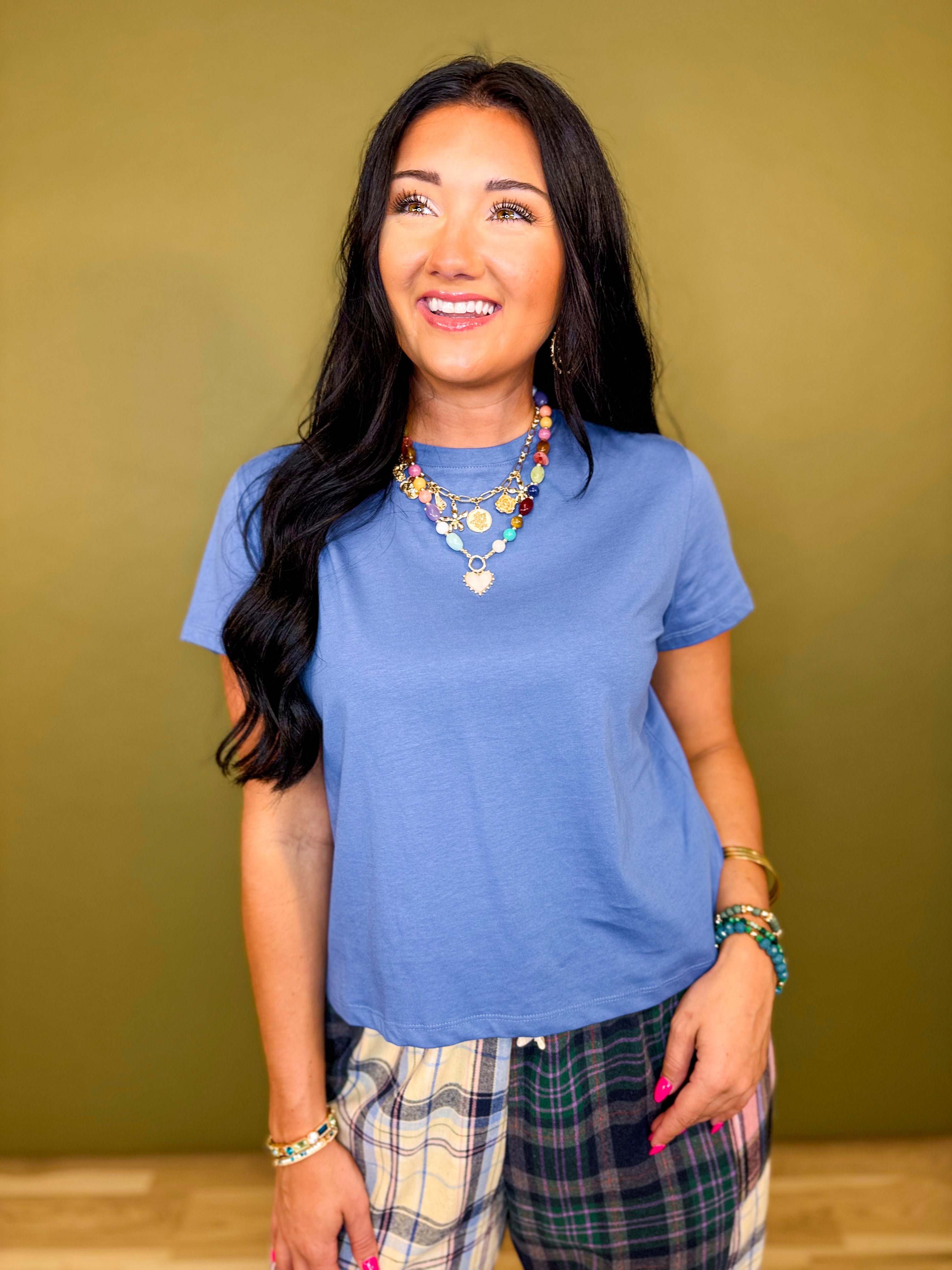 Basic Relaxed Crop Knit T-Shirt - Dusty Blue - Lace and Grace Boutique