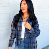 Plaid Patchwork Button Up Flannel Top - Navy