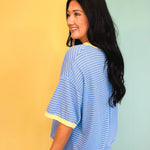 Striped Contrast Drop Sleeve Tee - Blue Multi - Lace and Grace Boutique
