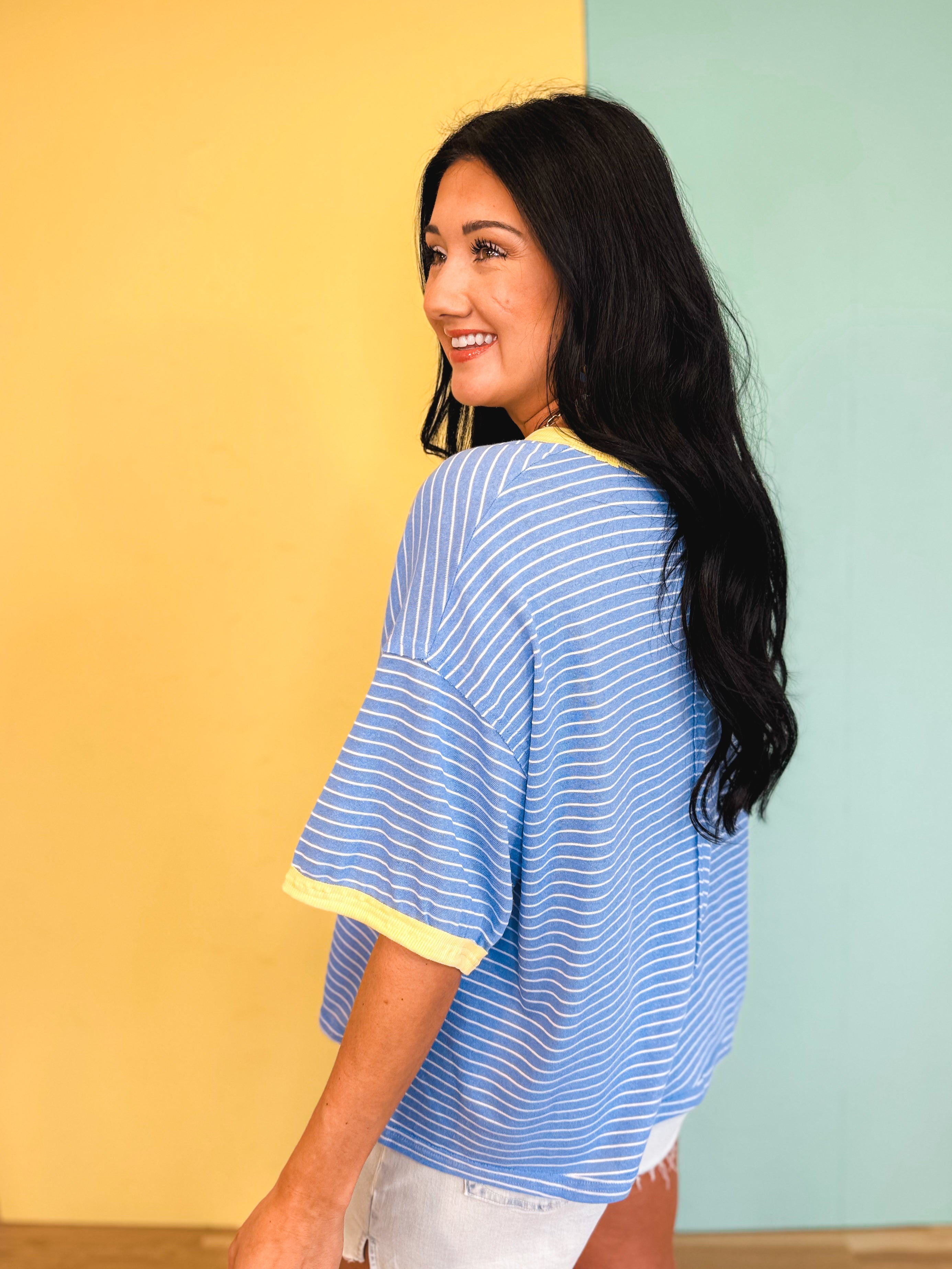 Striped Contrast Drop Sleeve Tee - Blue Multi - Lace and Grace Boutique
