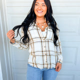 Washed Plaid Fringe Hem Button Down Top - Vintage White