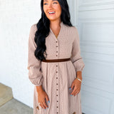 Embroidered Gingham Button Down Belted Maxi Dress - Sepia