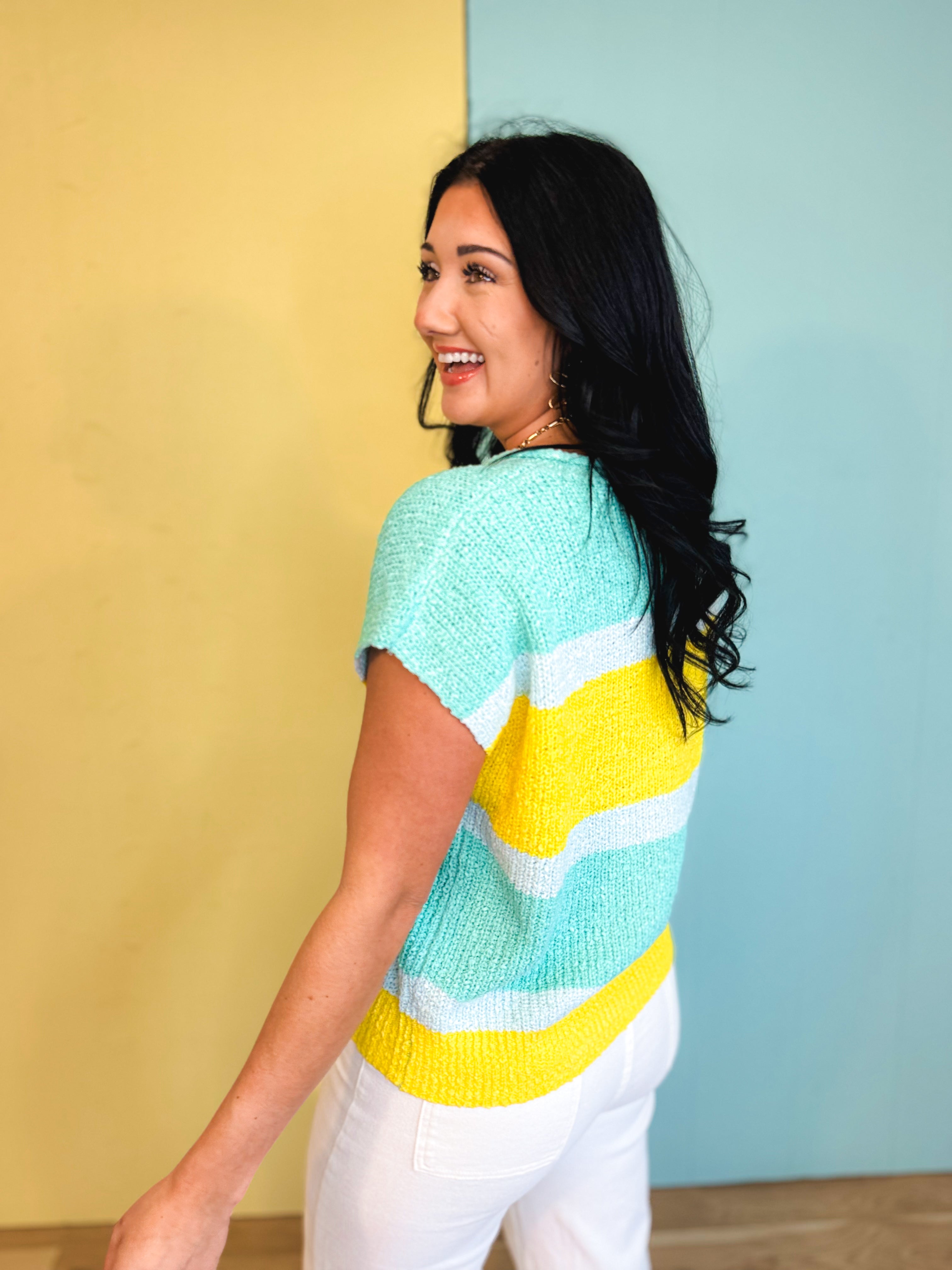 Color Block Textured Sweater Top - Spearmint/Lemon - Lace and Grace Boutique