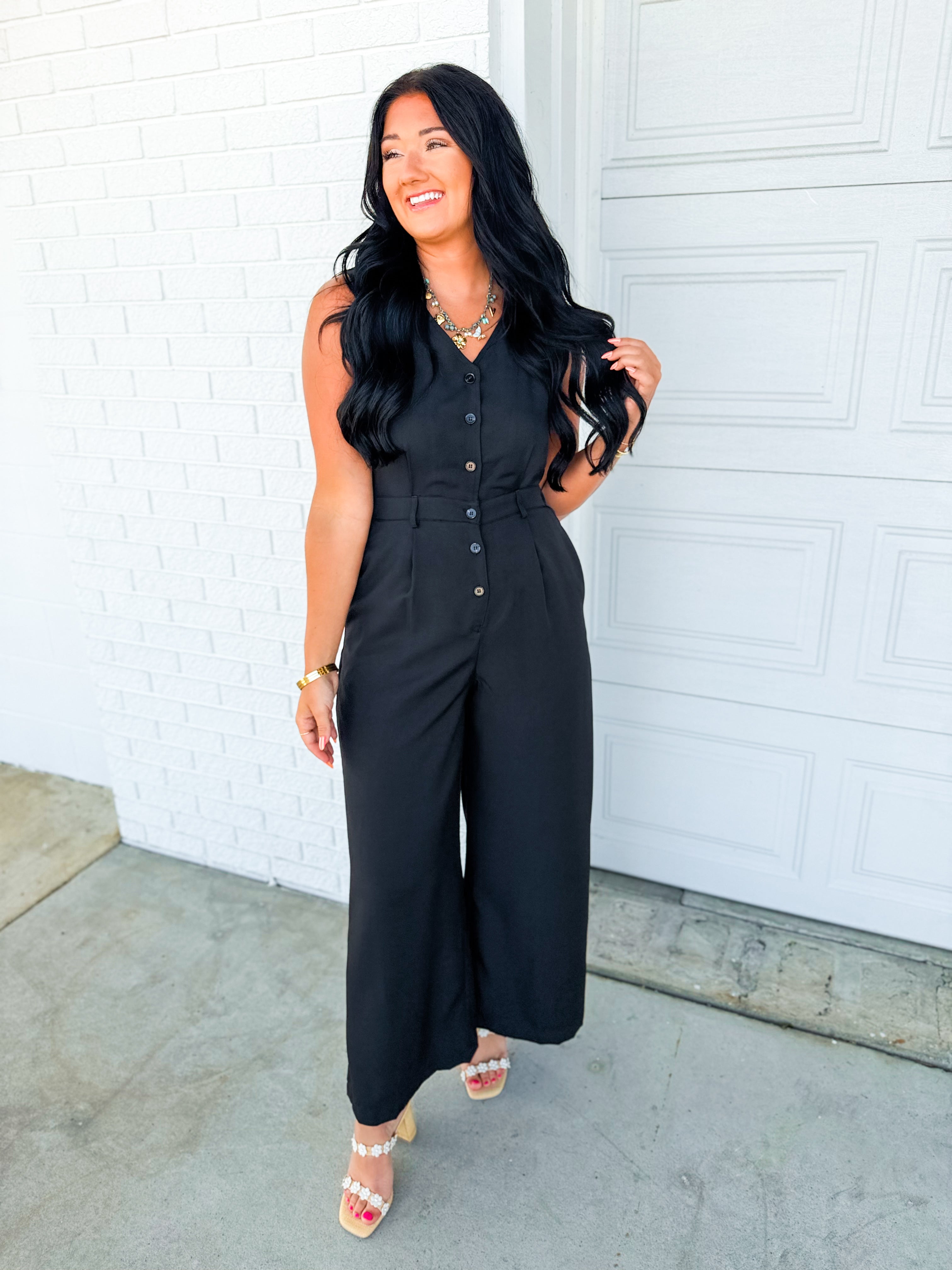 Tailored Vest Bodice Wide Leg Jumpsuit - Black - Lace and Grace Boutique