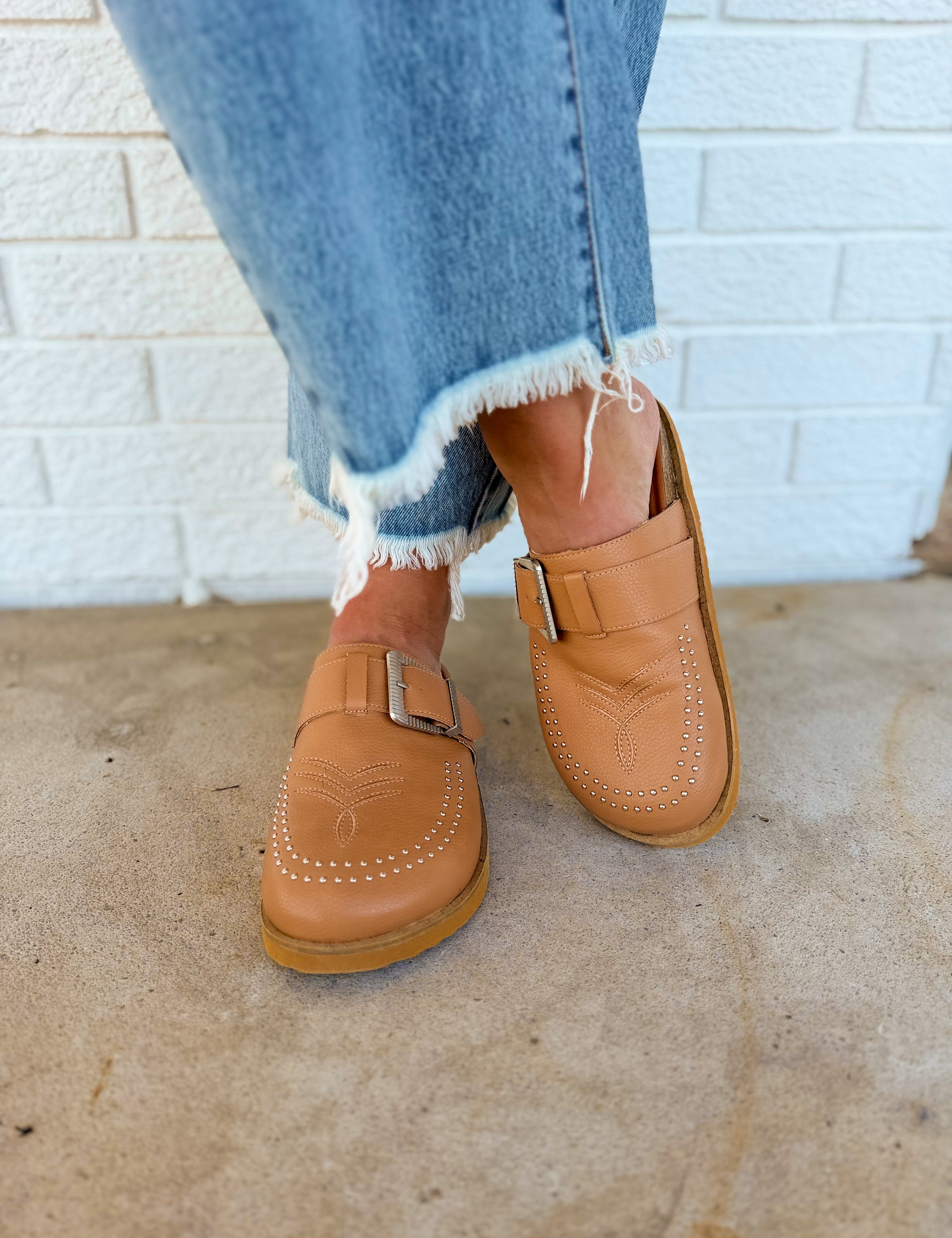 Josephine Suede Studded Clog - Camel - Lace and Grace Boutique