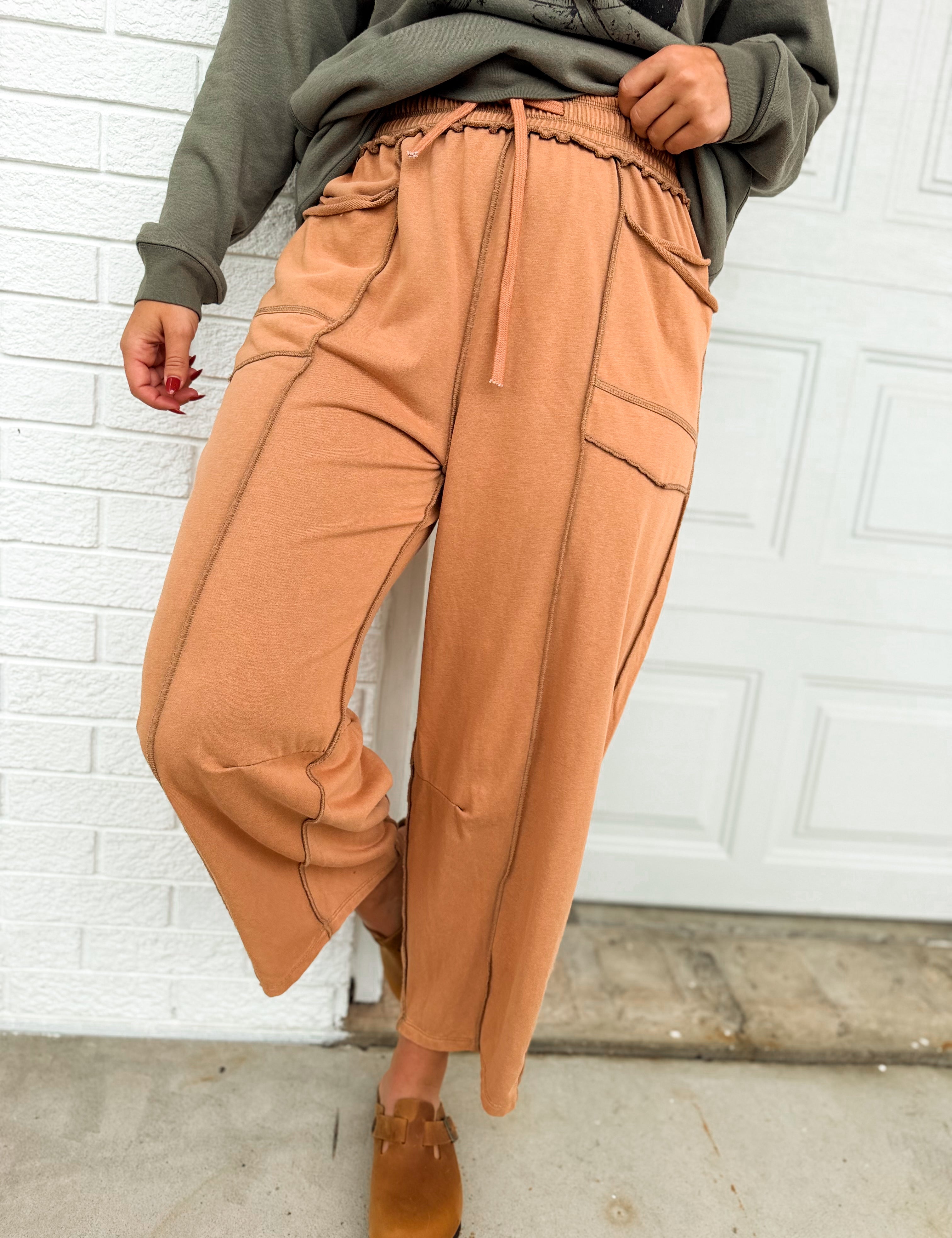 Mineral Wash Barrel Fit Utility Knit Pants - Camel - Lace and Grace Boutique