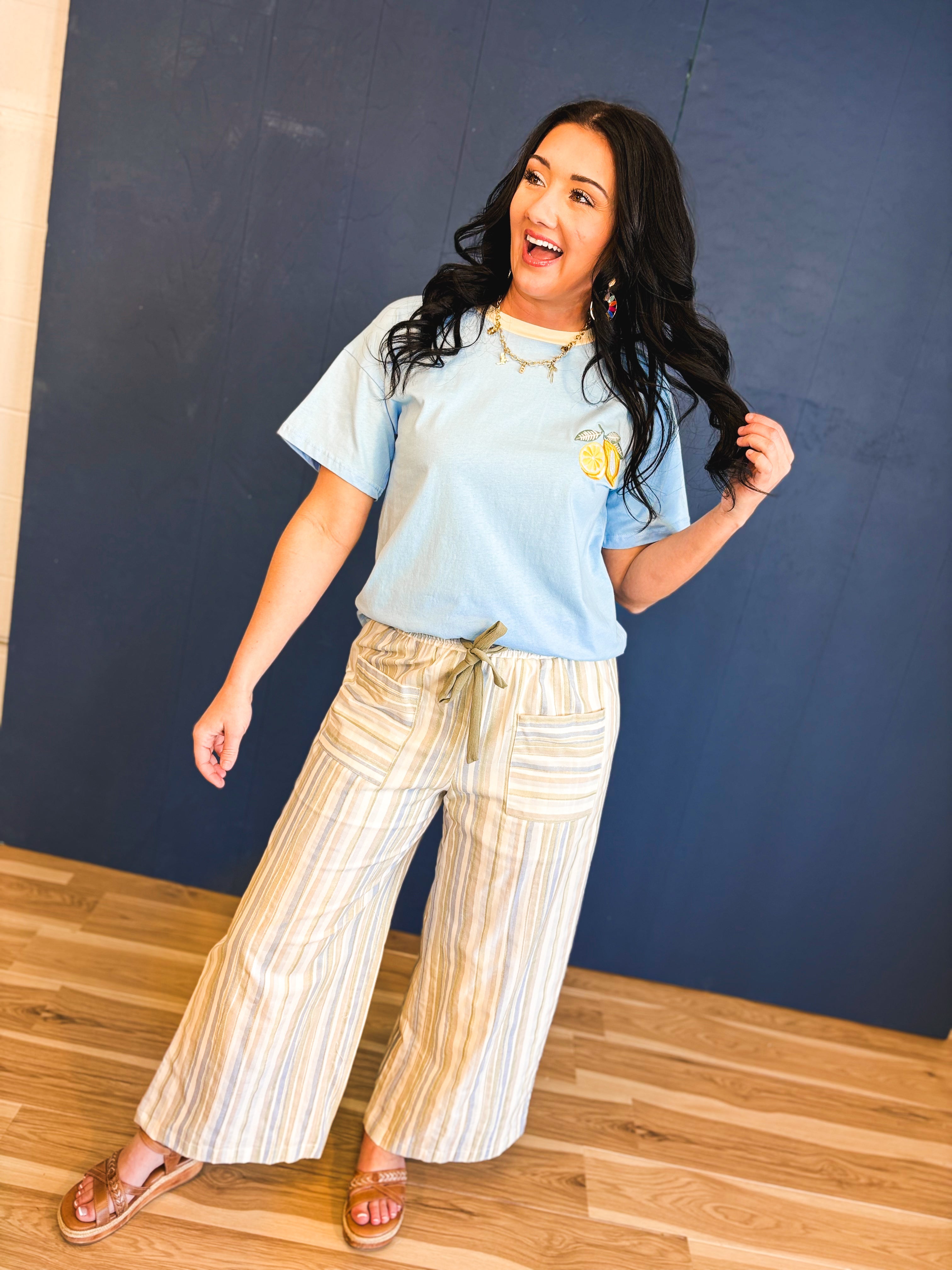 Lemon Embroidery Contrast Neck Tee - Sky - Lace and Grace Boutique