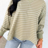 Striped Ribbed Contrast Pullover - Dusted Olive
