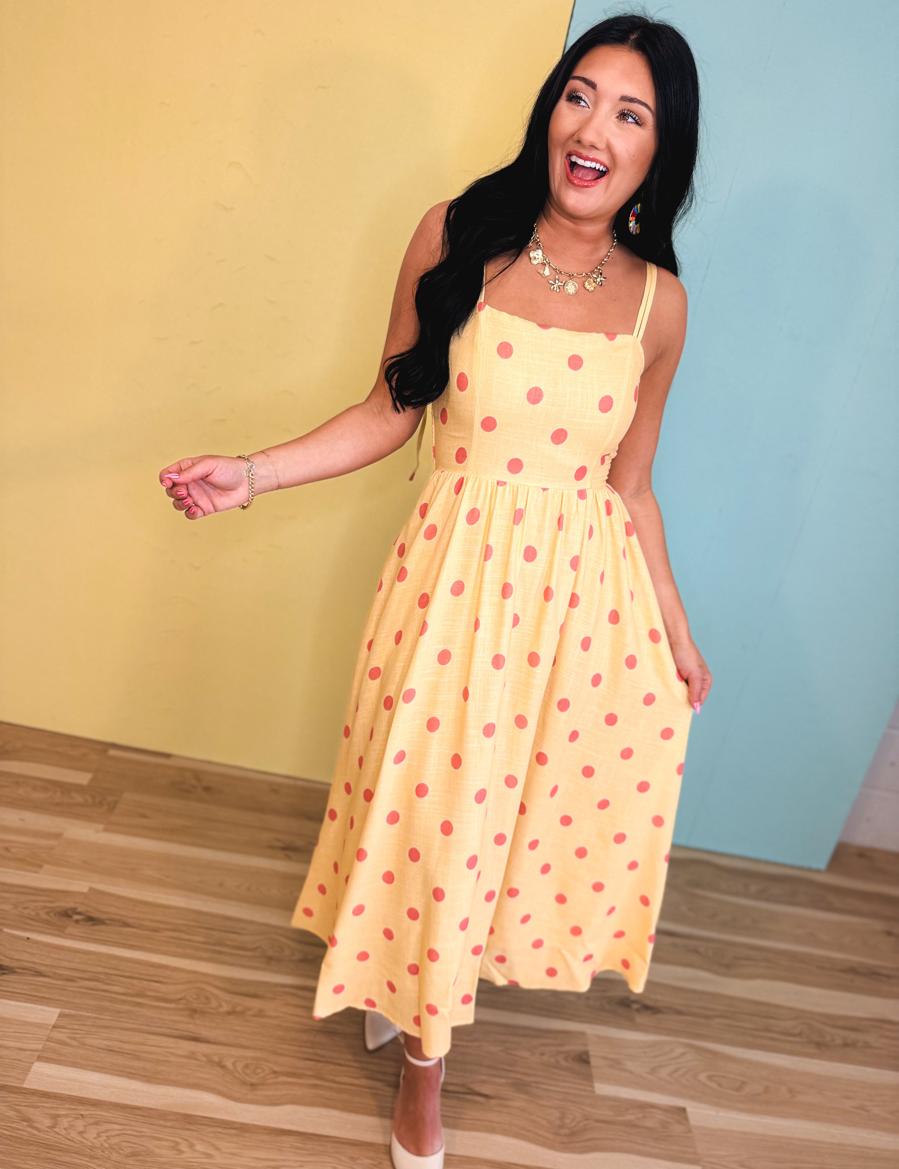 Polka Dot Woven Midi Dress - Light Yellow - Lace and Grace Boutique