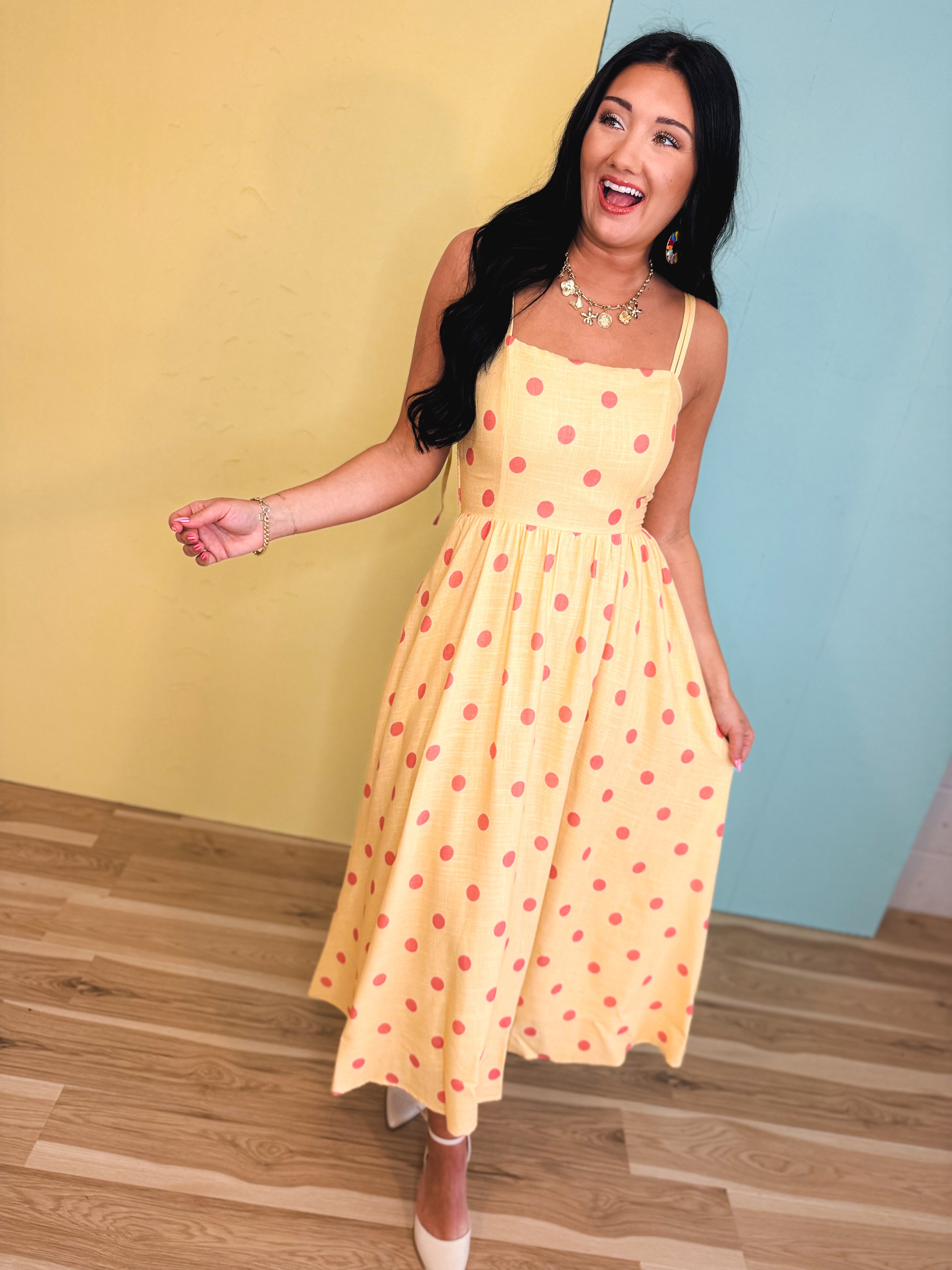 Polka Dot Woven Midi Dress - Light Yellow - Lace and Grace Boutique