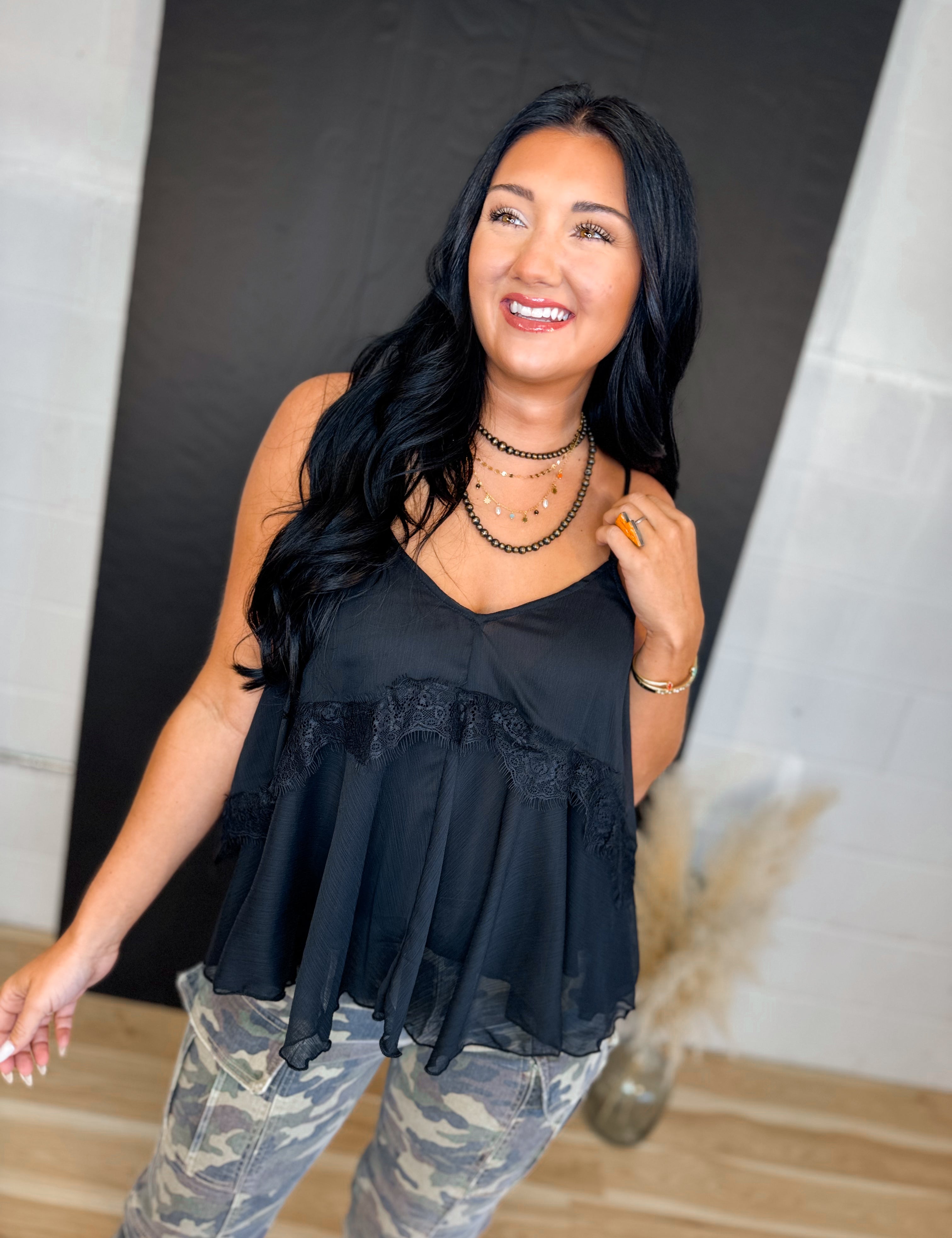 Lace Trim V-Neck Camisole Tank Top - Black - Lace and Grace Boutique