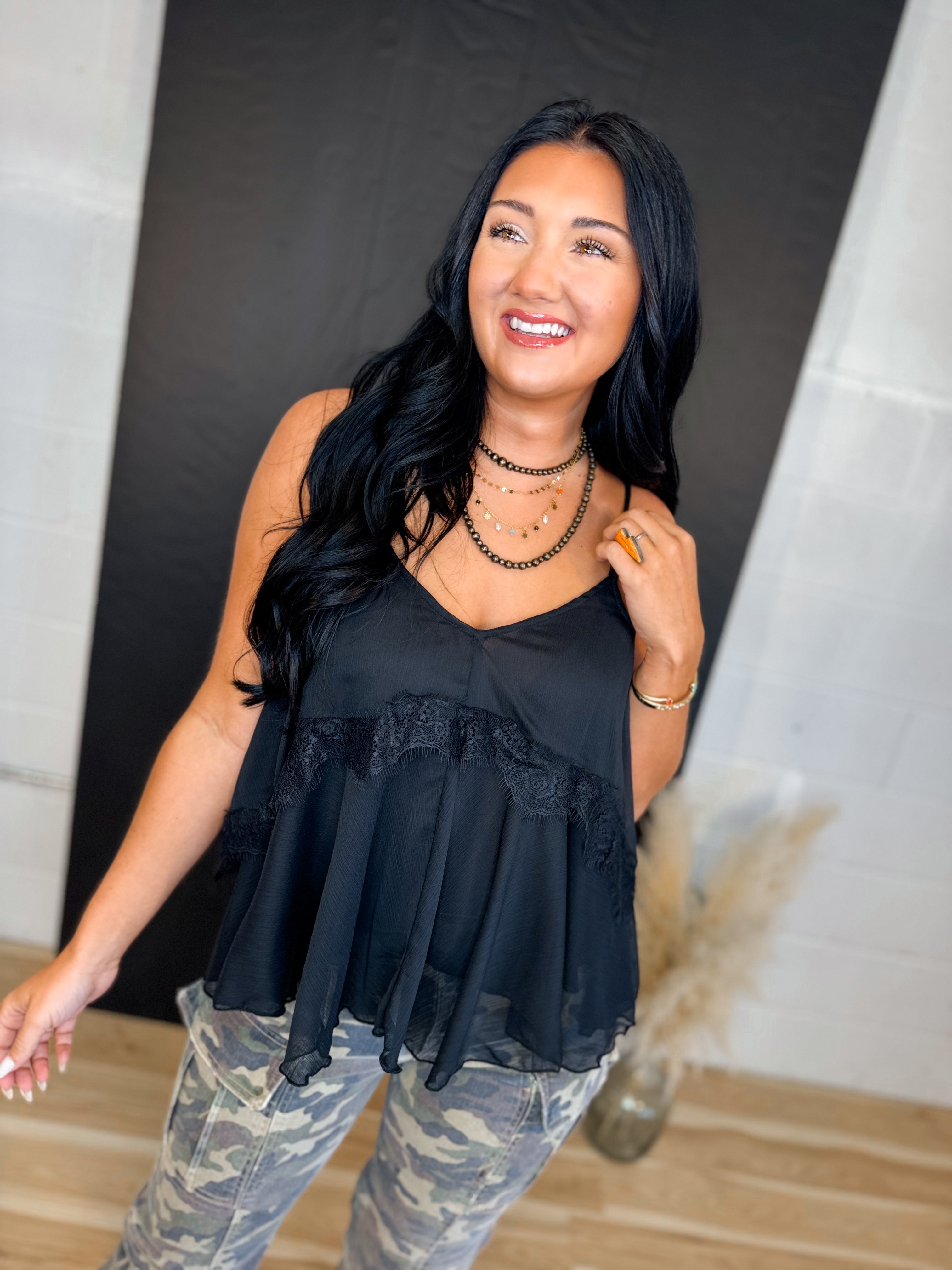 Lace Trim V-Neck Camisole Tank Top - Black - Lace and Grace Boutique