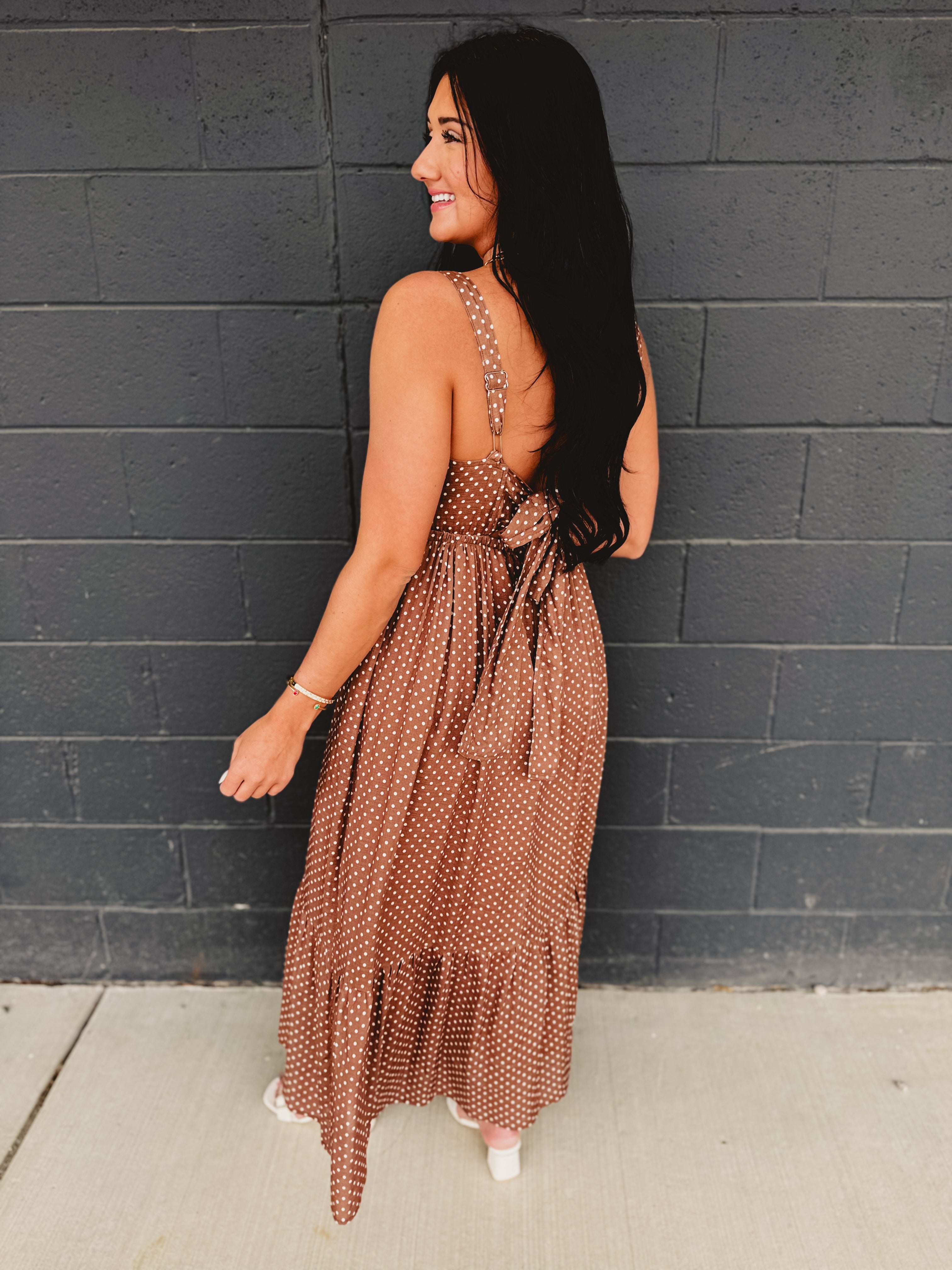 Polka Dot Square Neck Maxi Dress - Latte - Lace and Grace Boutique
