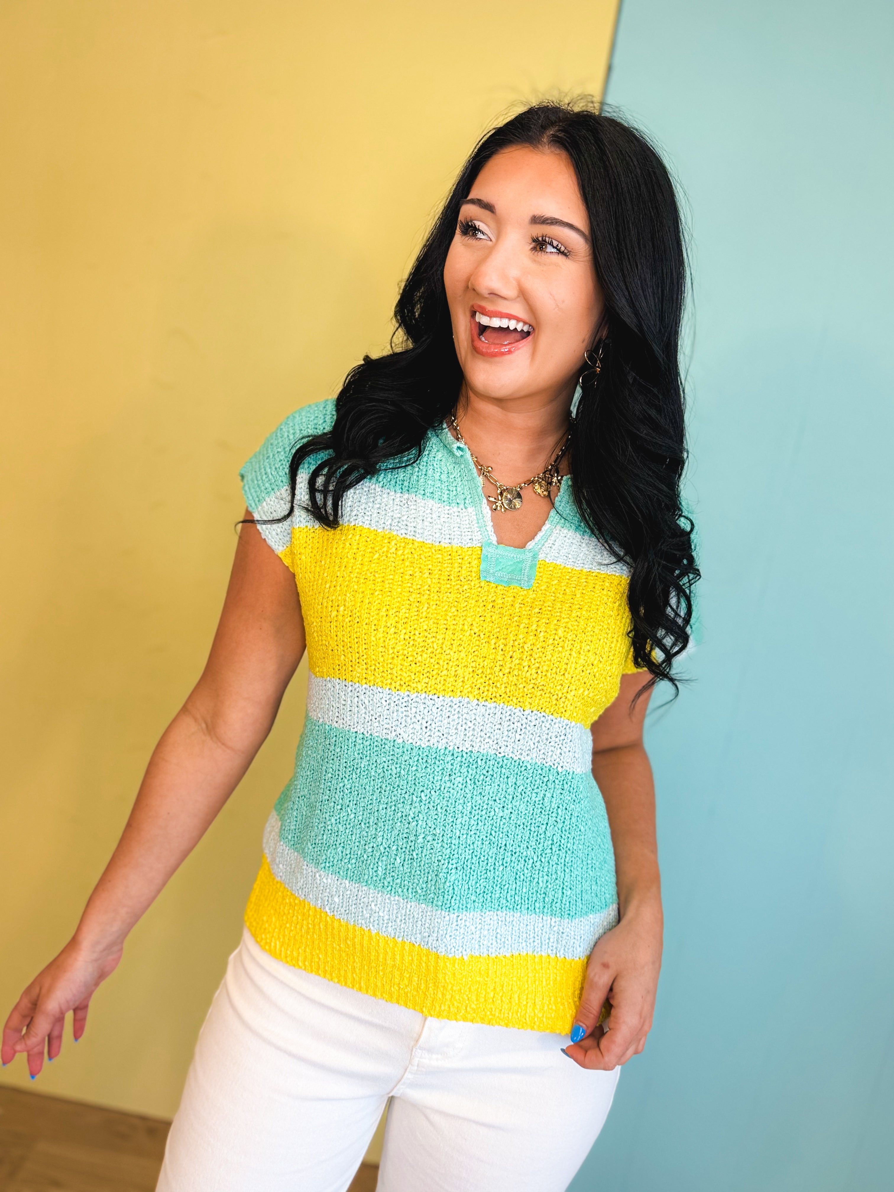 Color Block Textured Sweater Top - Spearmint/Lemon - Lace and Grace Boutique