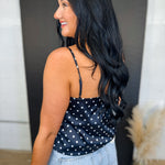 Polka Dot Lace Trim Satin Camisole Tank Top - Black - Lace and Grace Boutique