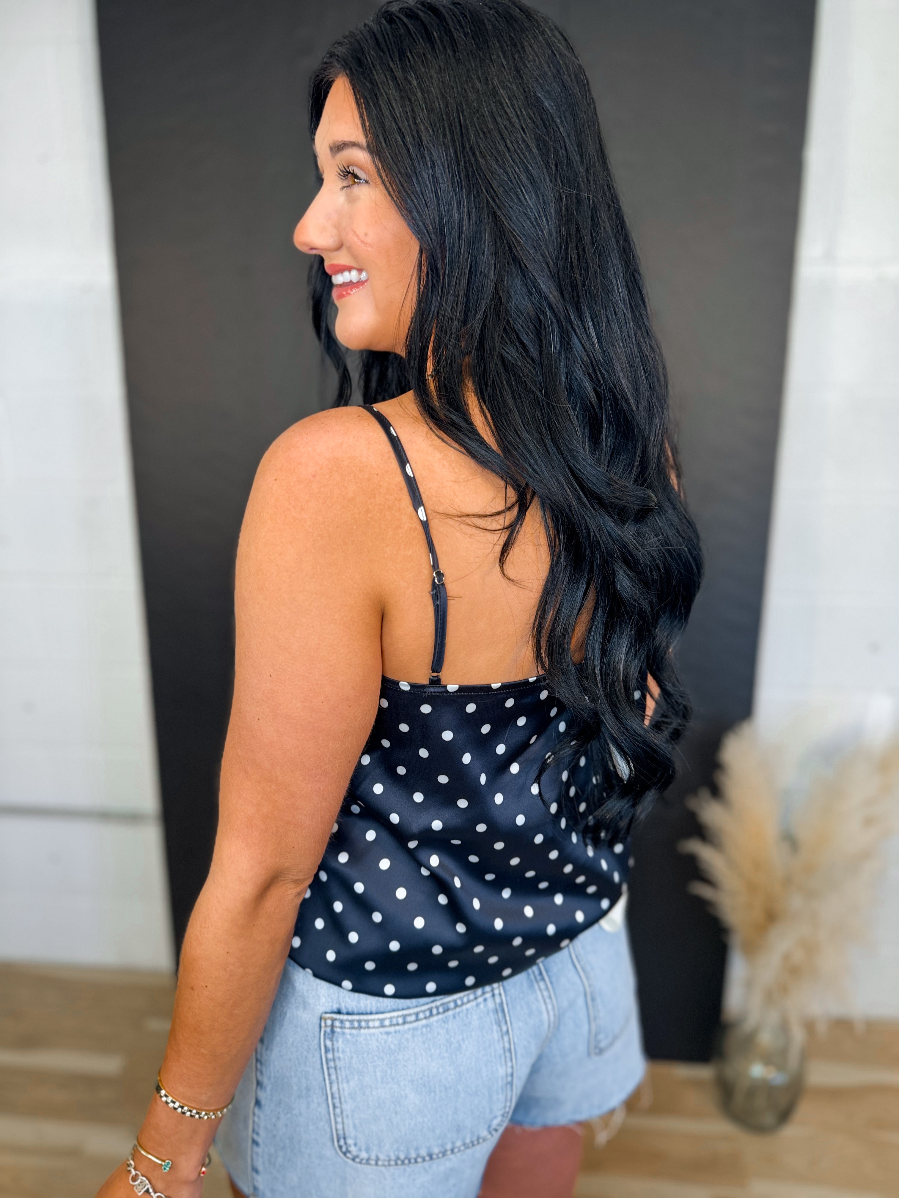 Polka Dot Lace Trim Satin Camisole Tank Top - Black - Lace and Grace Boutique