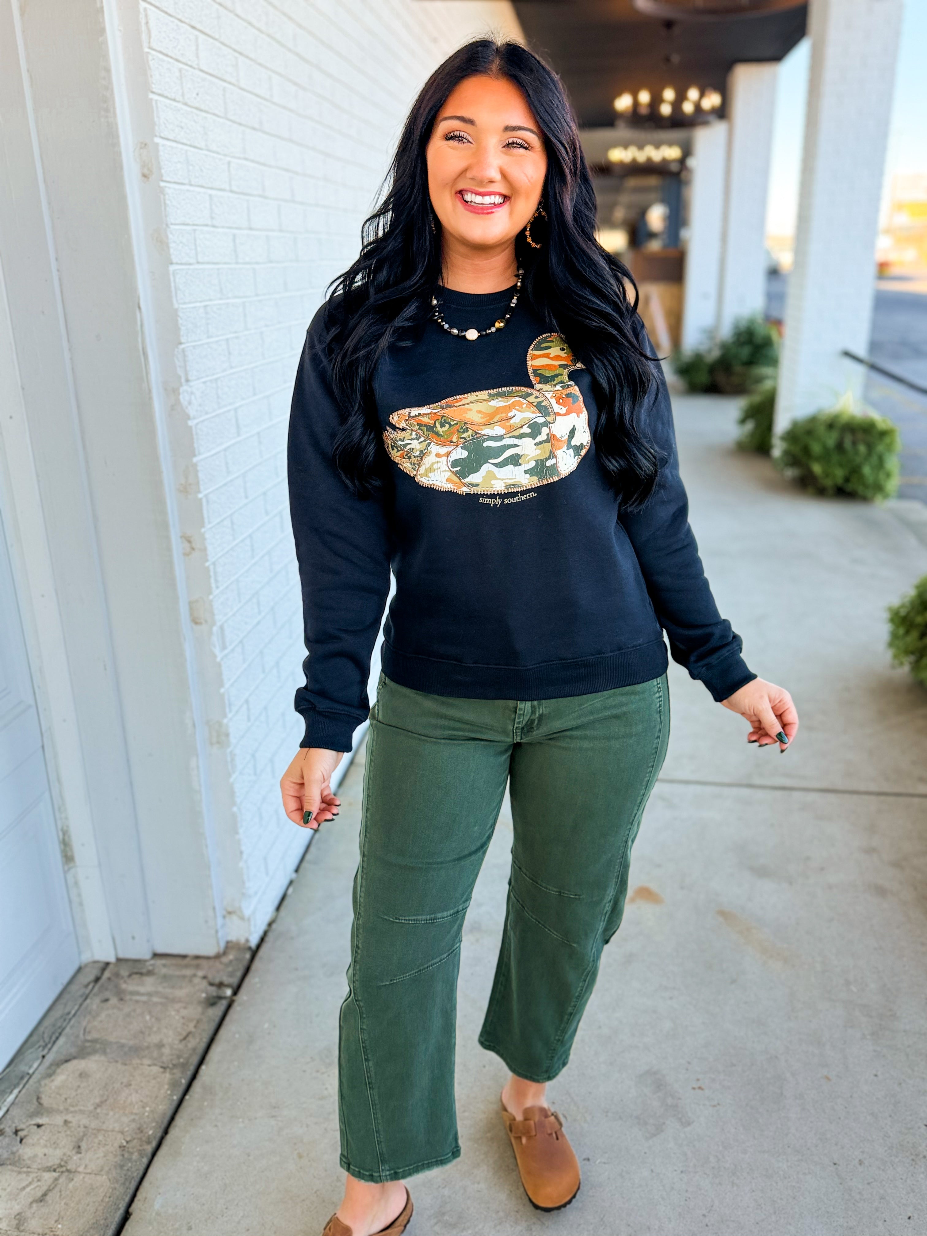 Simply Southern Camo Duck Patch Sweatshirt - Black - Lace and Grace Boutique
